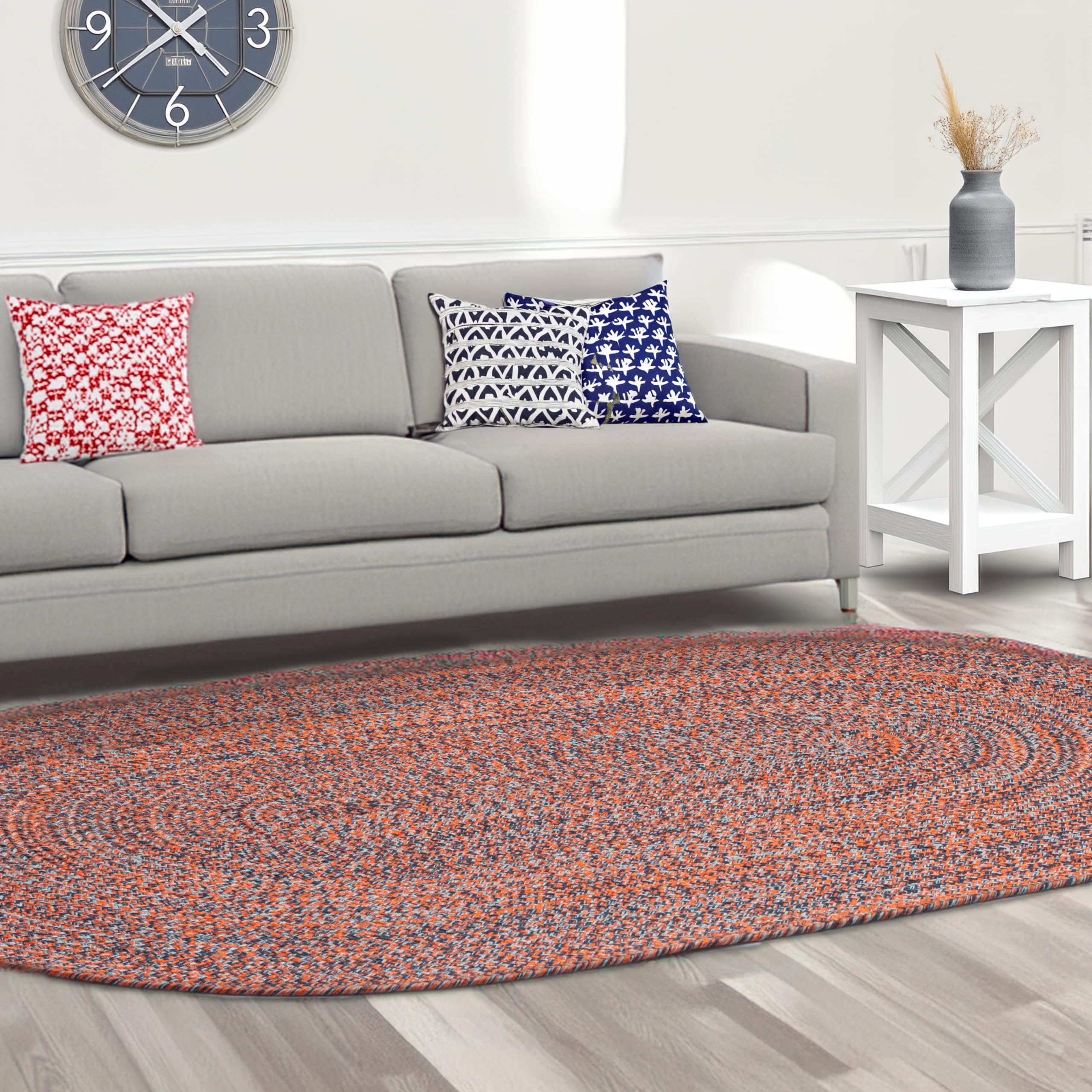 Navy, Light Blue, Red Indoour Outdoor Braided Kitchen Rug