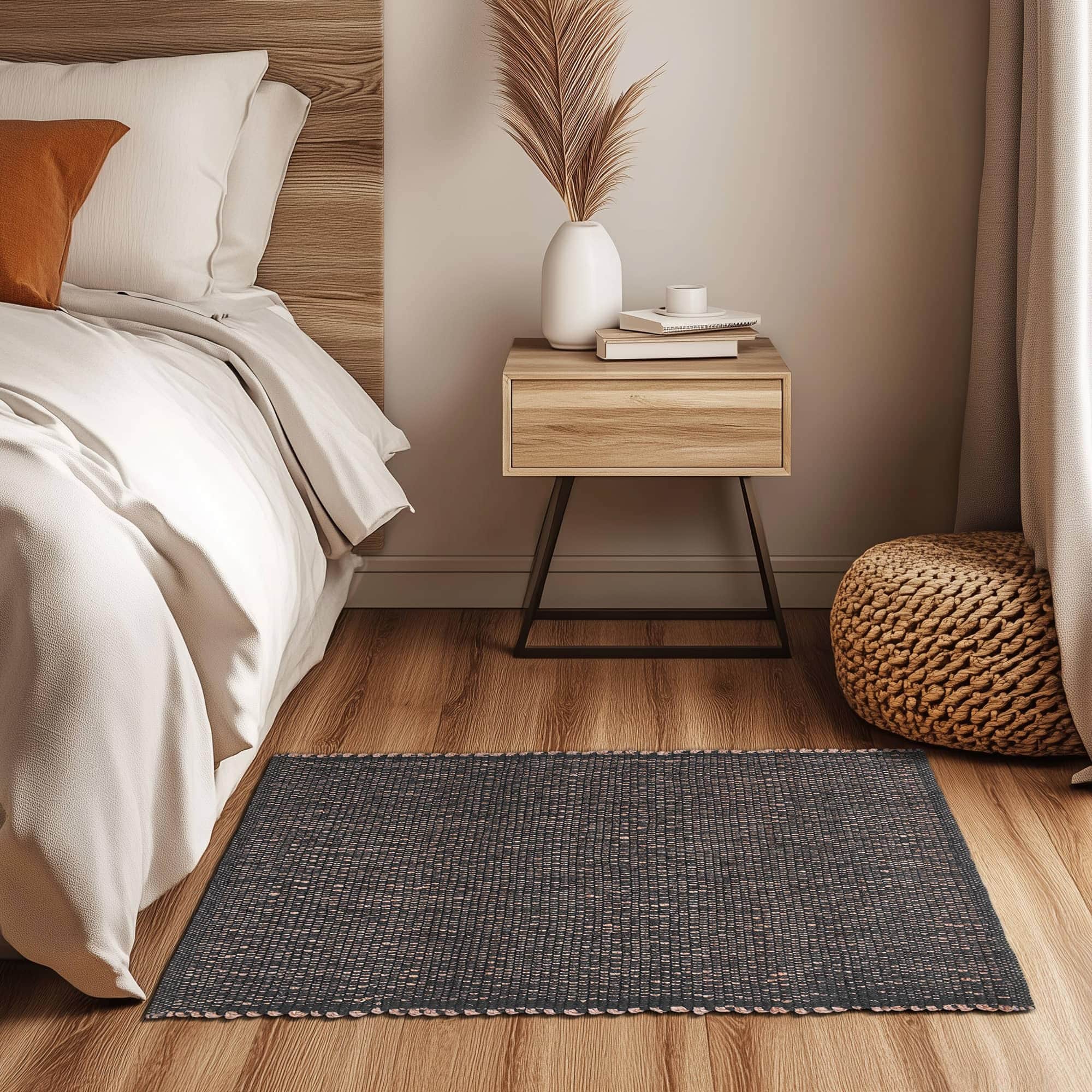 Charcoal Gray Jute & Cotton Woven Rug - Simple Farmhouse Reversible Rug