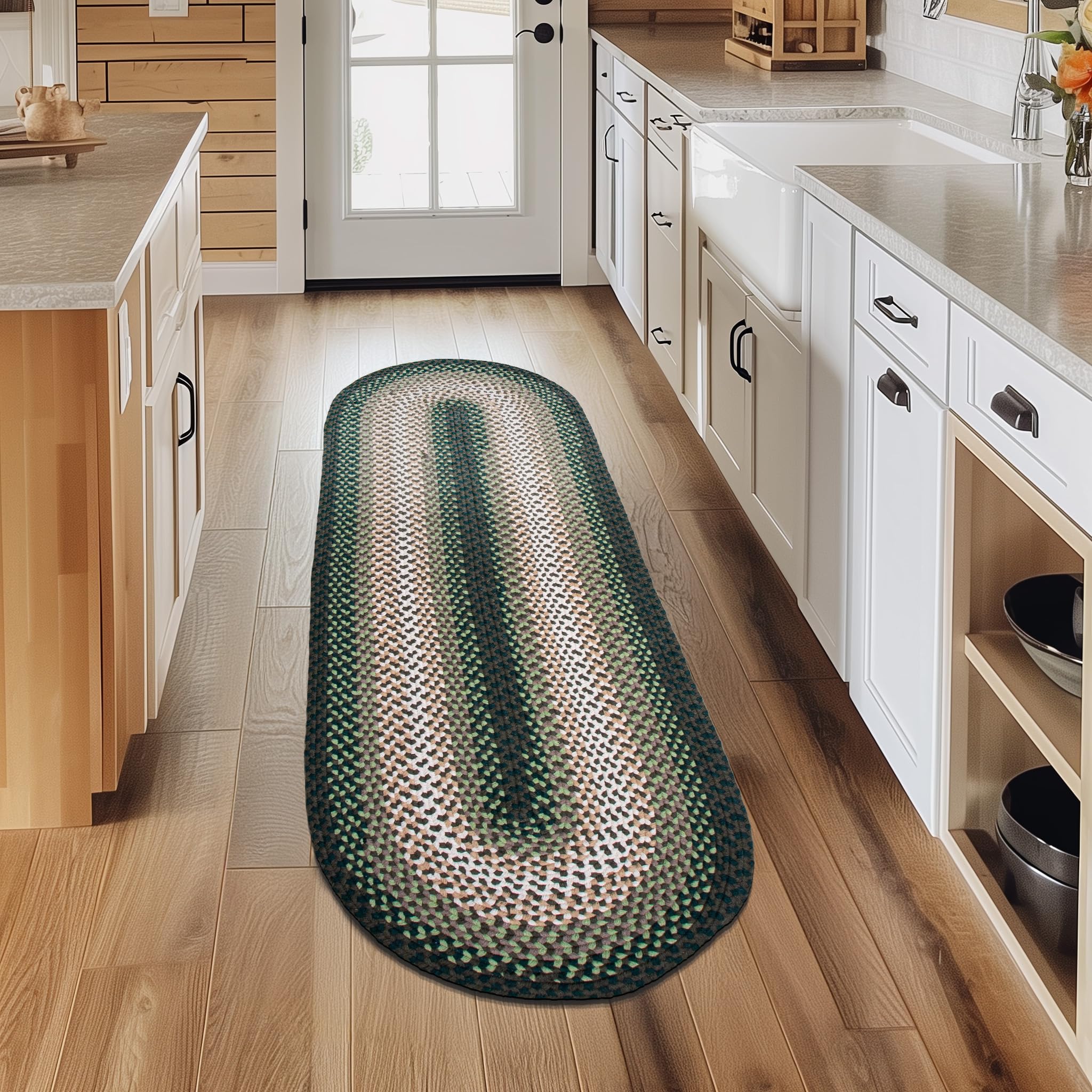 Green Charming Braided Rug for Farmhouse Living Rooms and Bedroom