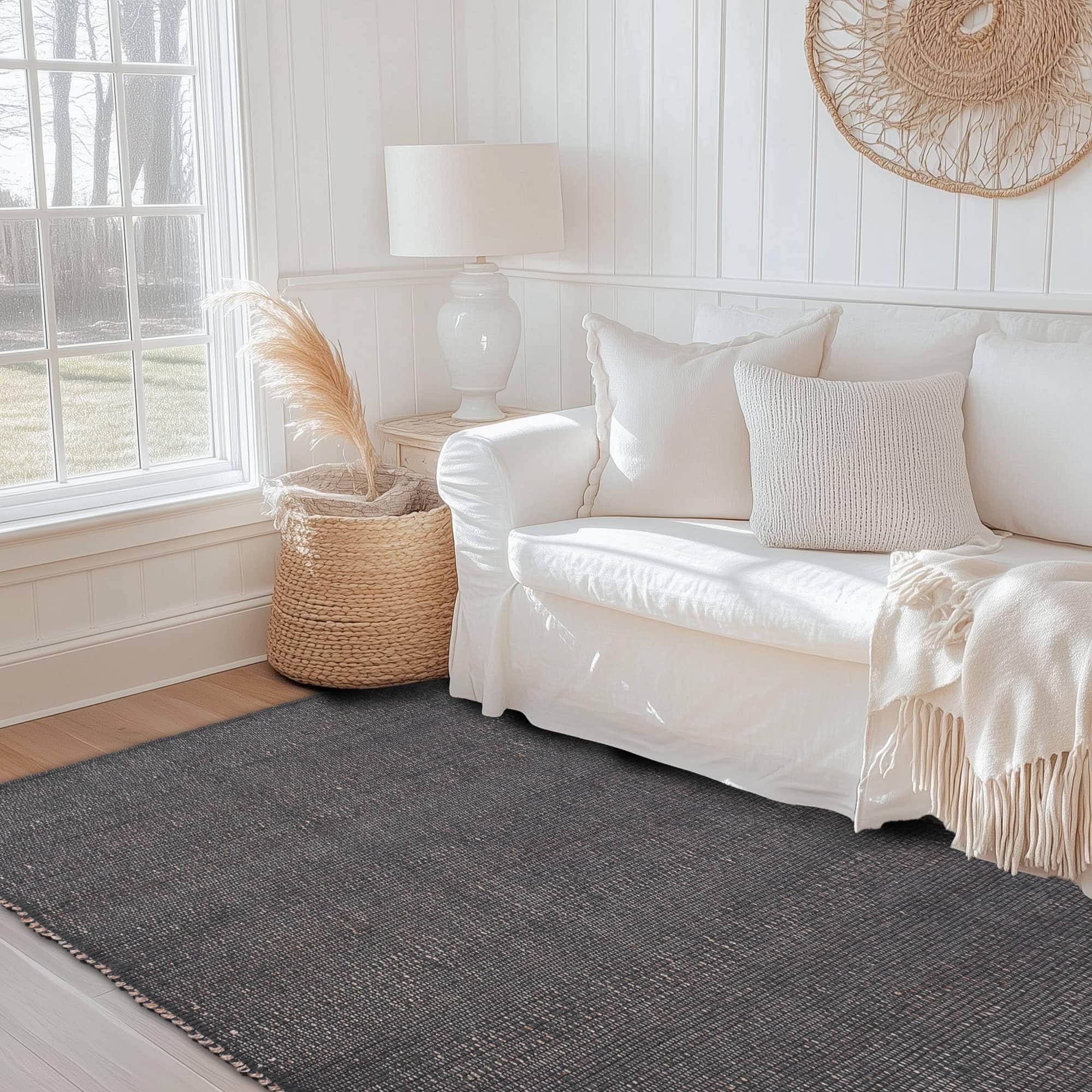 Charcoal Gray Jute & Cotton Woven Rug - Simple Farmhouse Reversible Rug