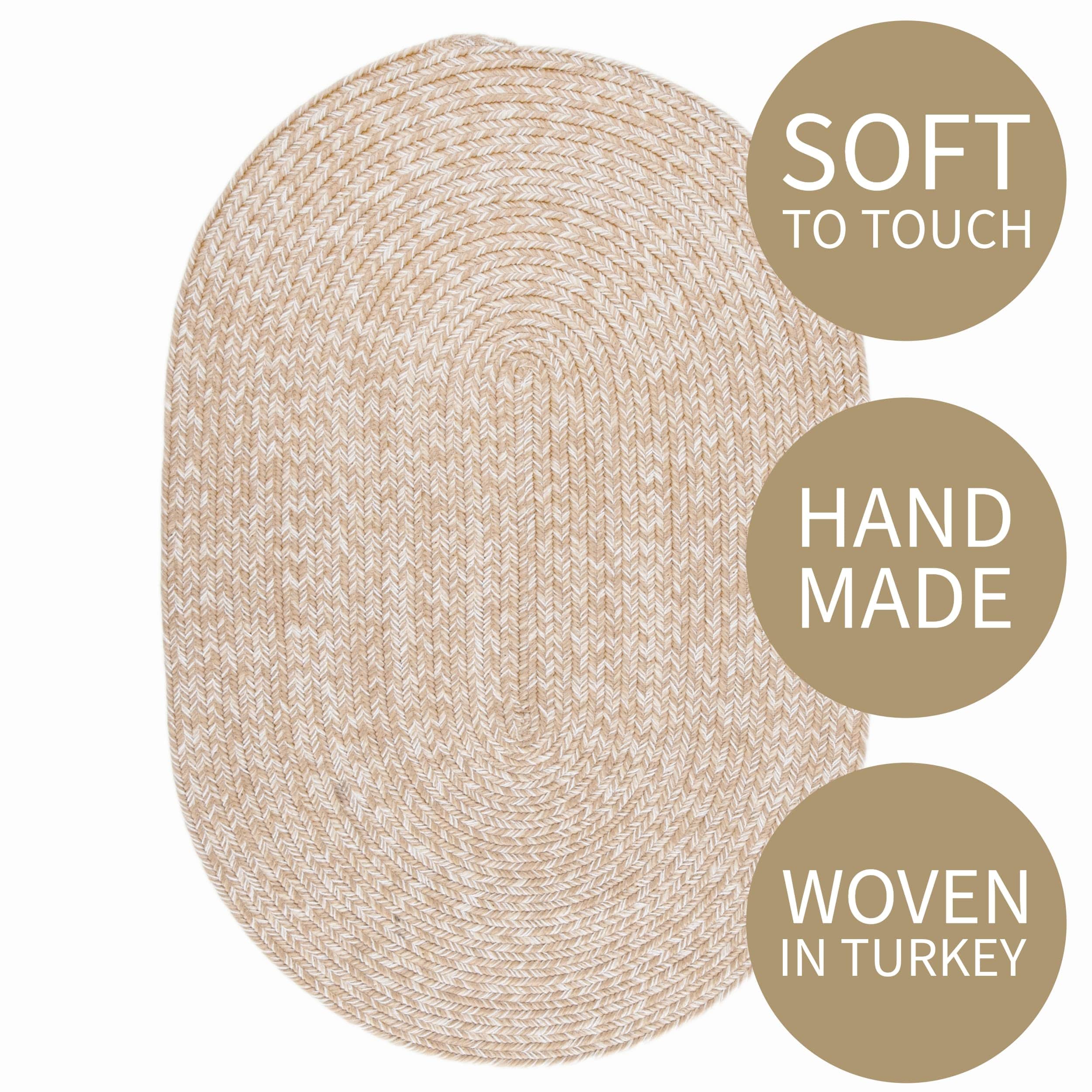 Beige, Brown Braided Rug - Reversible Solid Constrution - Indoor Outdoor & Kitchen Ready