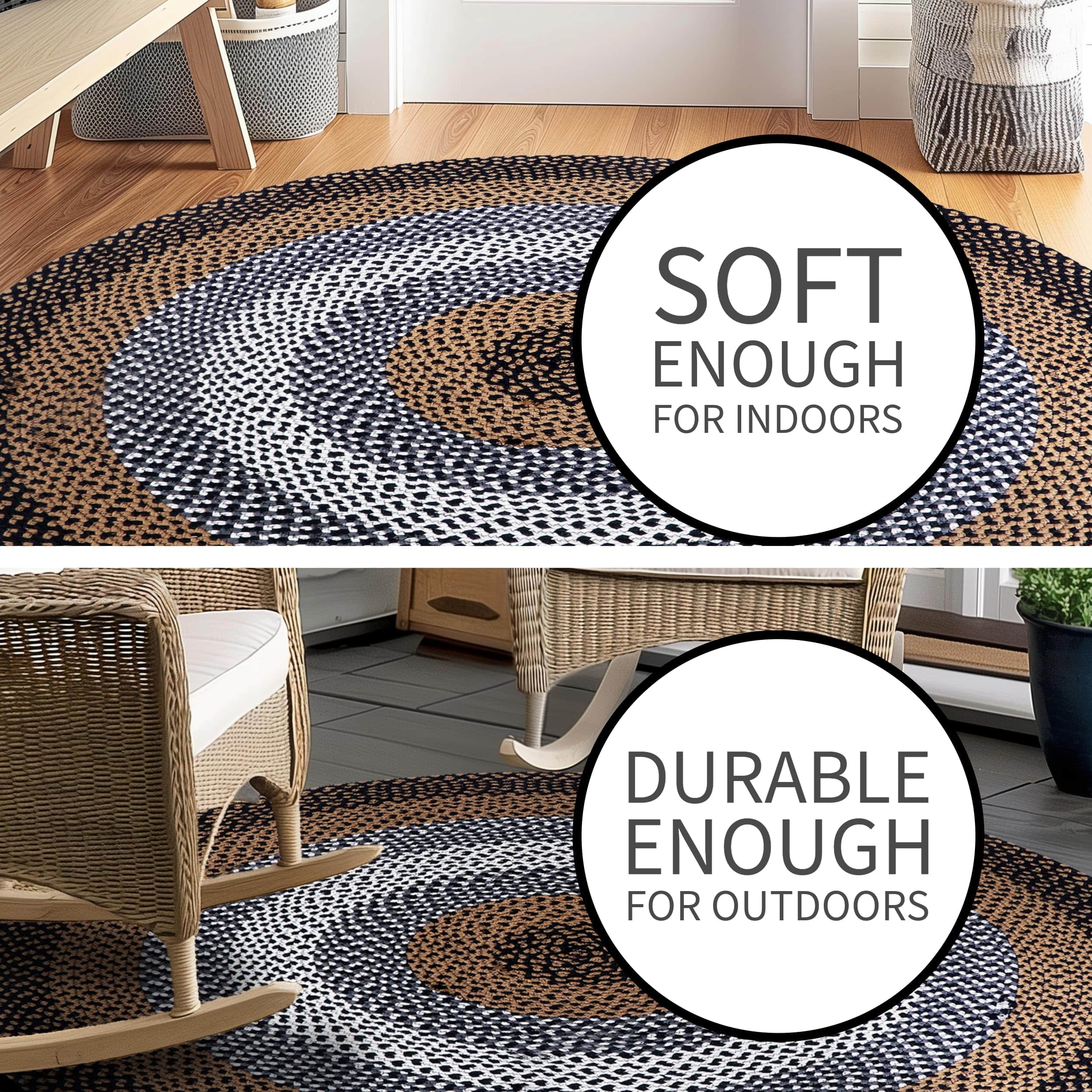 Black, Tan Indoor Outdoor Braided Rug for Patios, Porches and Kitchens - Bradford Collection