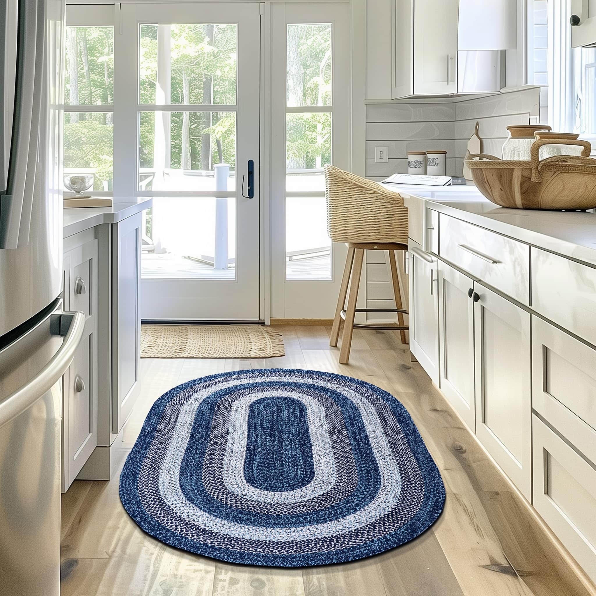 Teal, Black Indoor Outdoor Braided Rug for Patios, Porches and Kitchens - Bradford Collection