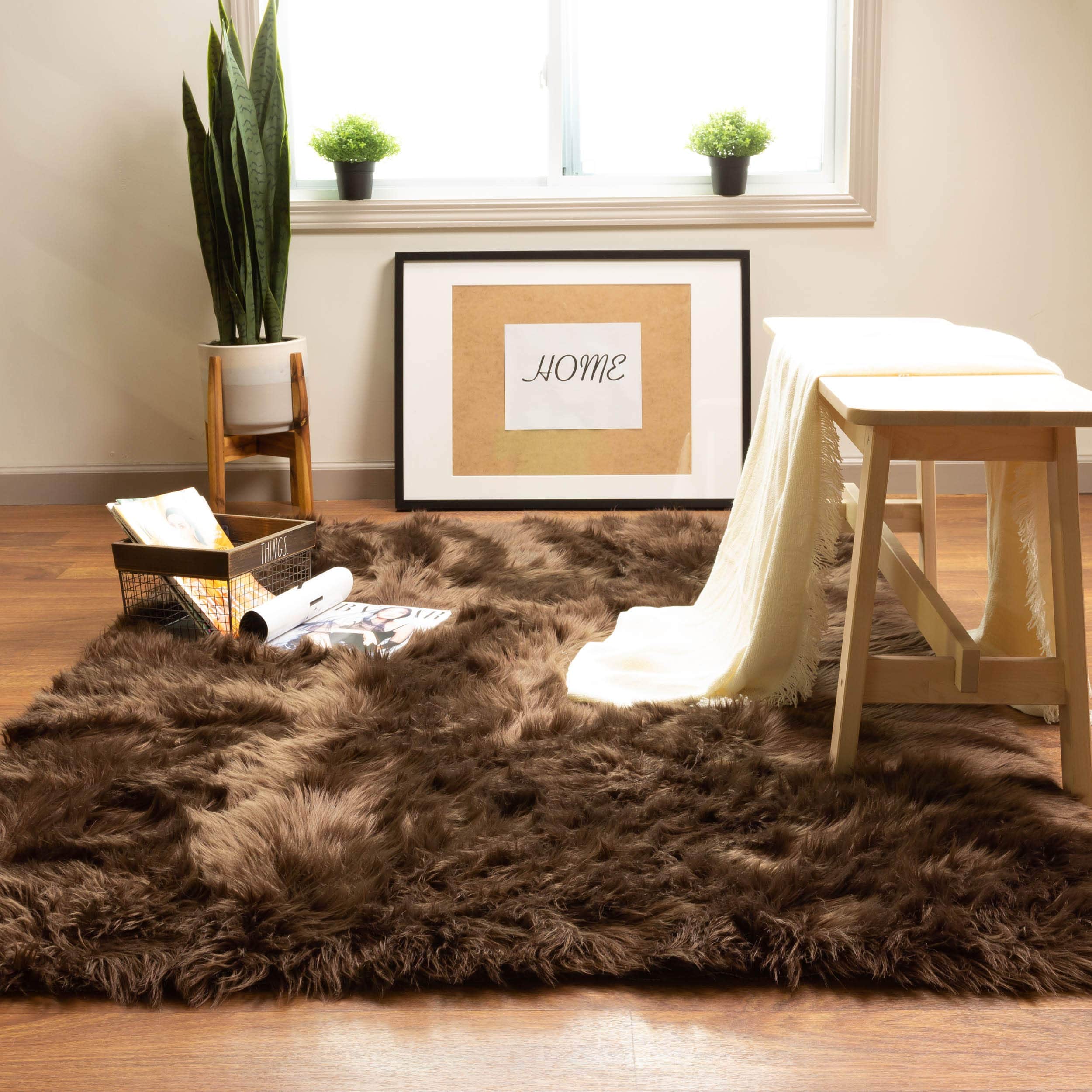 Dark Brown Serene Faux Fur Solid Fake Sheepskin Rug