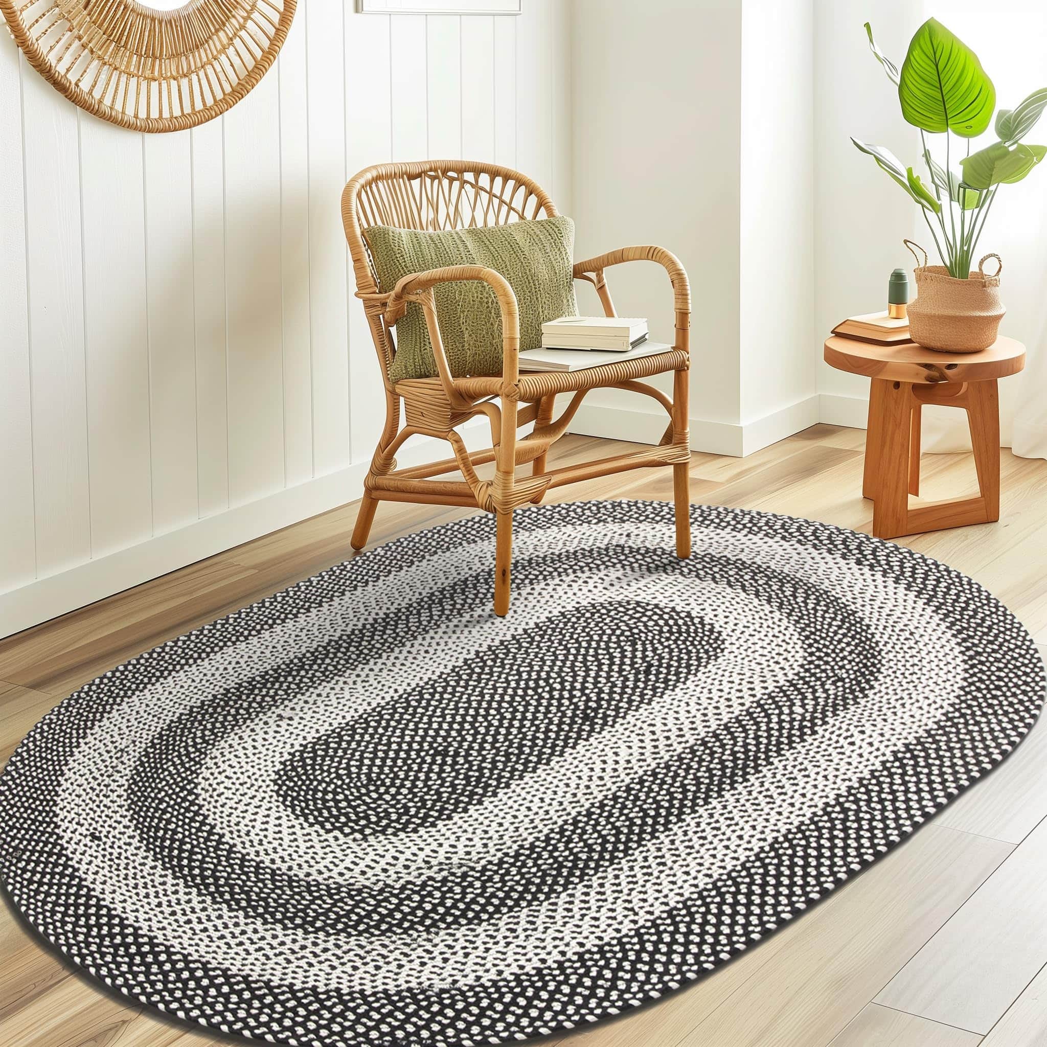 Black, White Indoor Outdoor Braided Rug for Patios, Porches and Kitchens - Bradford Collection