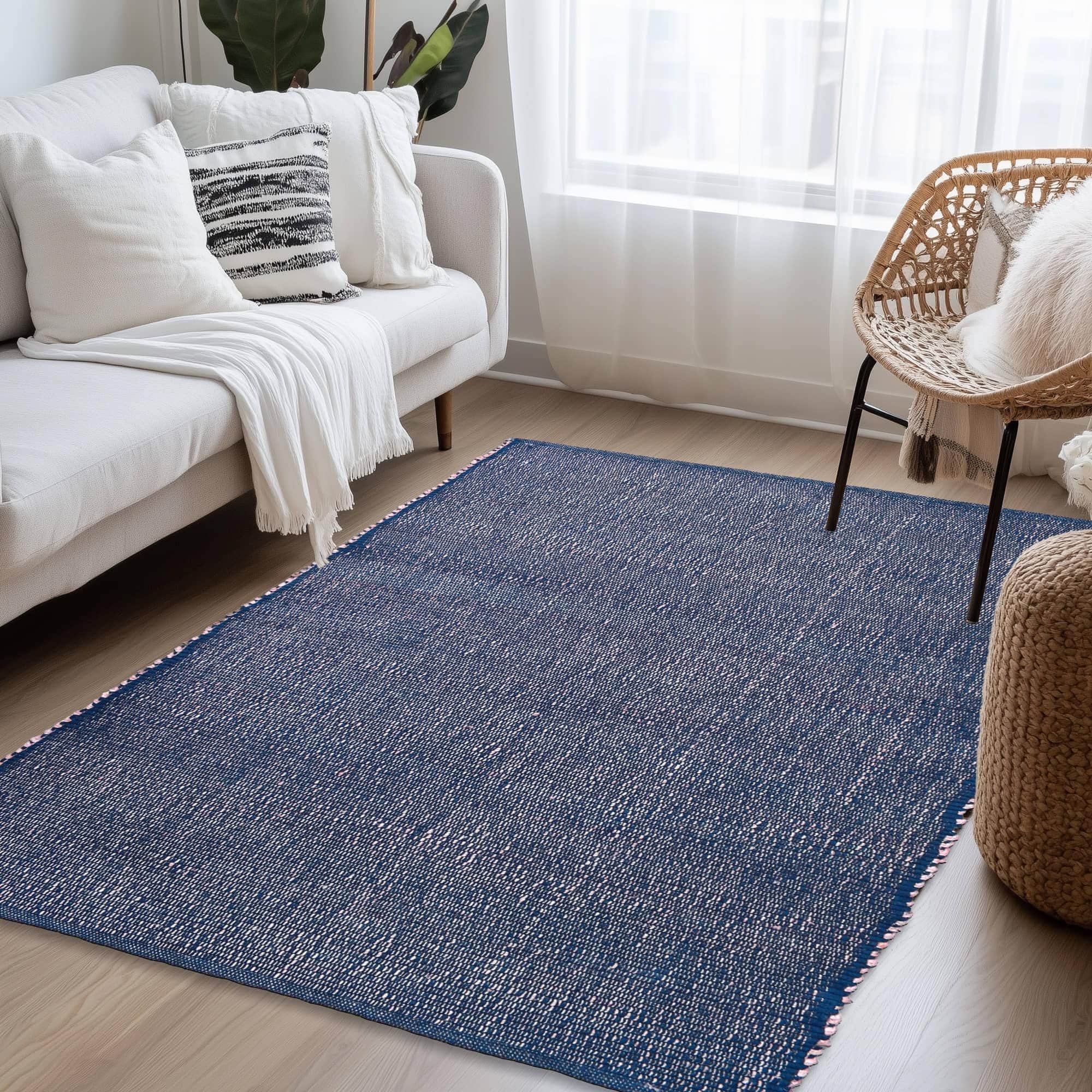 Navy Jute & Cotton Woven Rug - Simple Farmhouse Reversible Rug