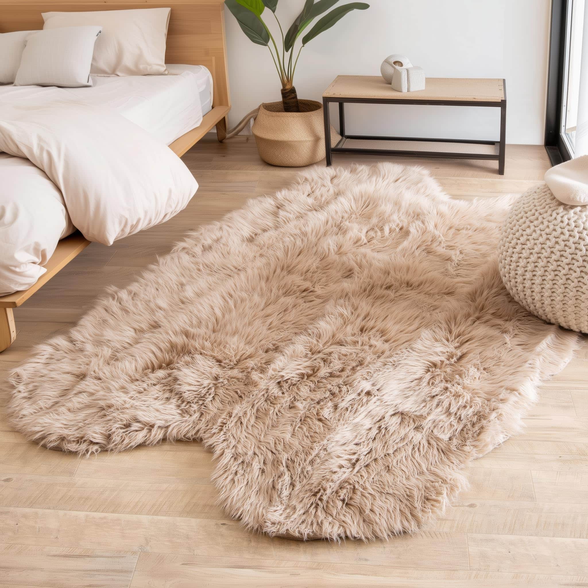Light Brown Serene Faux Fur Solid Fake Sheepskin Rug