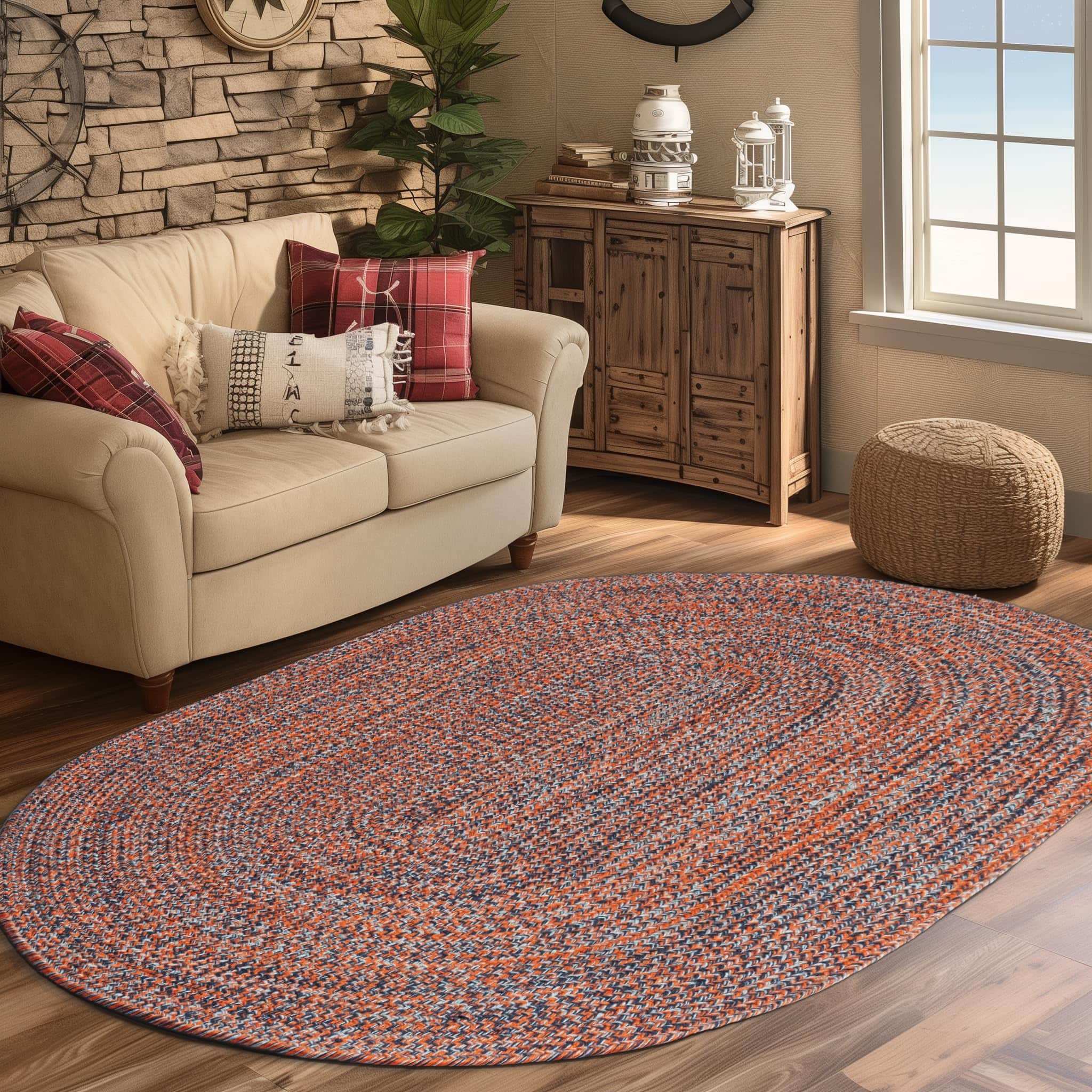 Navy, Light Blue, Red Indoour Outdoor Braided Kitchen Rug