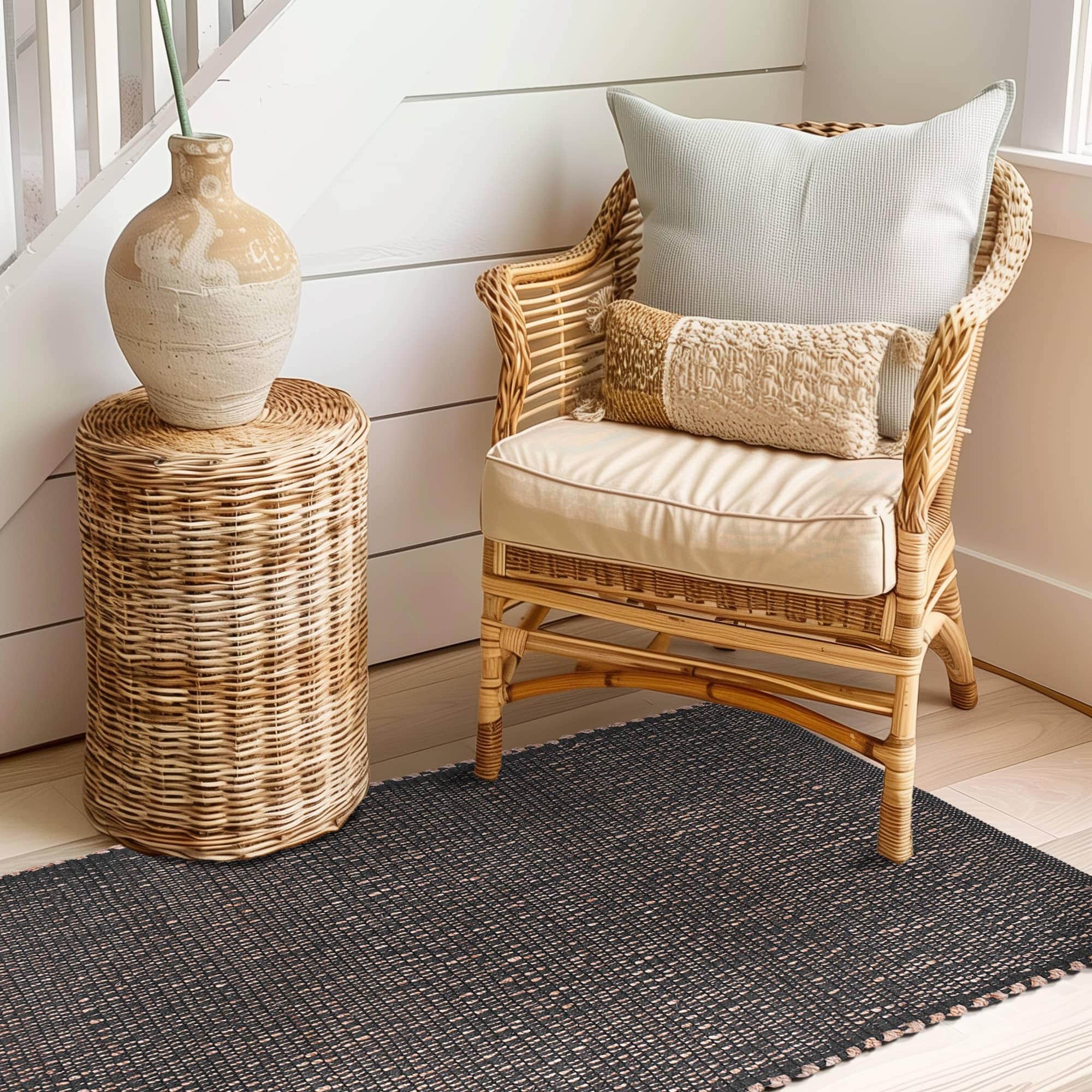 Charcoal Gray Jute & Cotton Woven Rug - Simple Farmhouse Reversible Rug