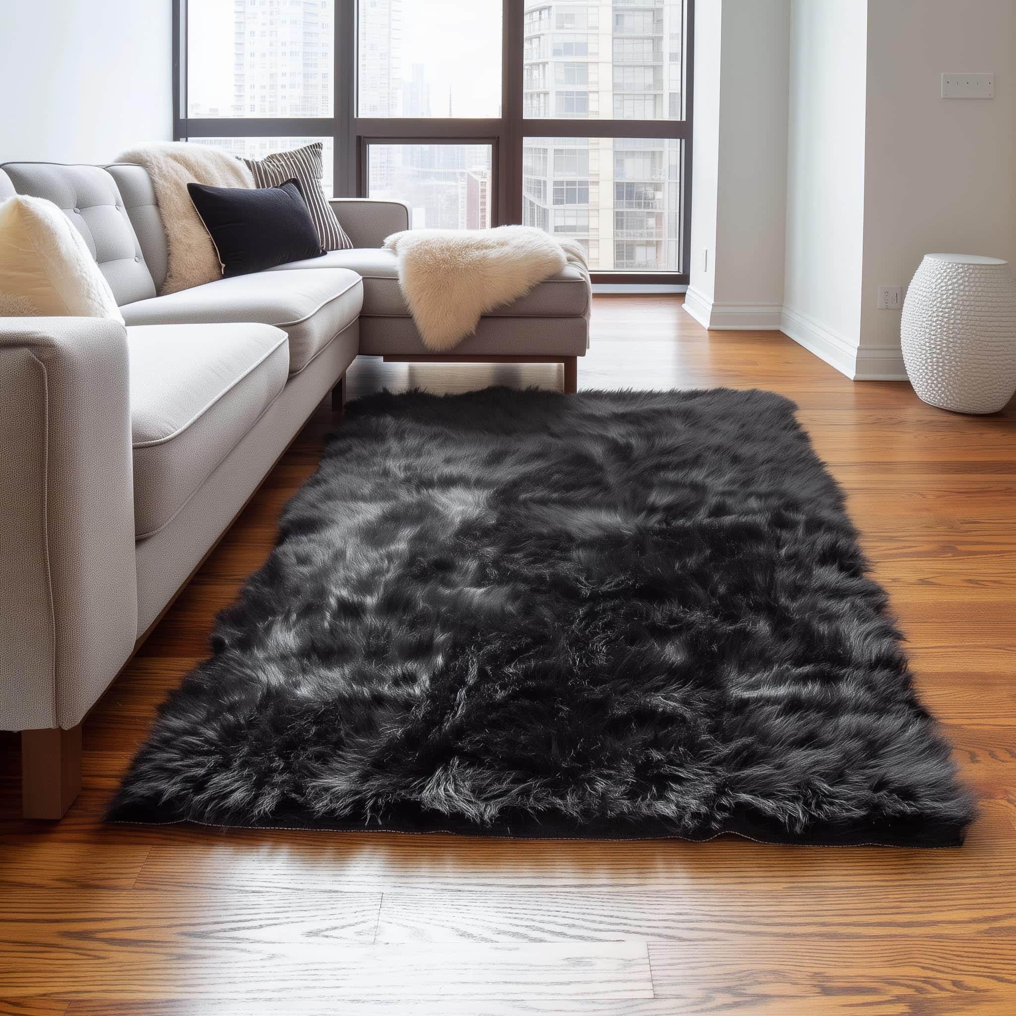 Black Serene Faux Fur Solid Fake Sheepskin Rug