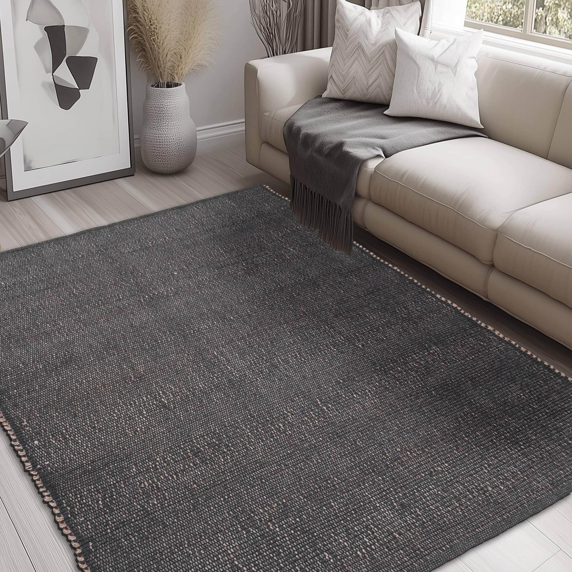 Charcoal Gray Jute & Cotton Woven Rug - Simple Farmhouse Reversible Rug