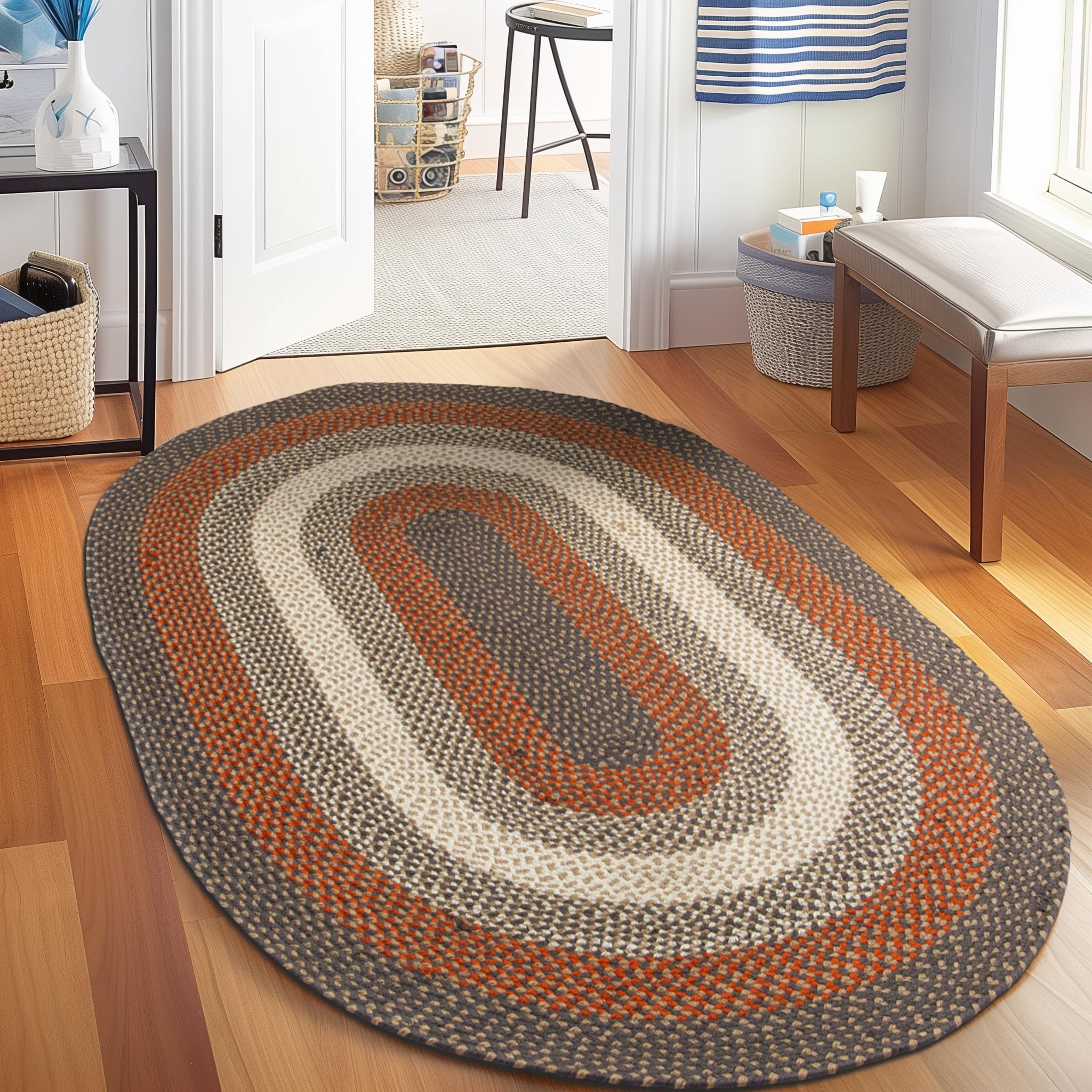 Red, Gray Indoor Outdoor Braided Rug for Patios, Porches and Kitchens - Bradford Collection