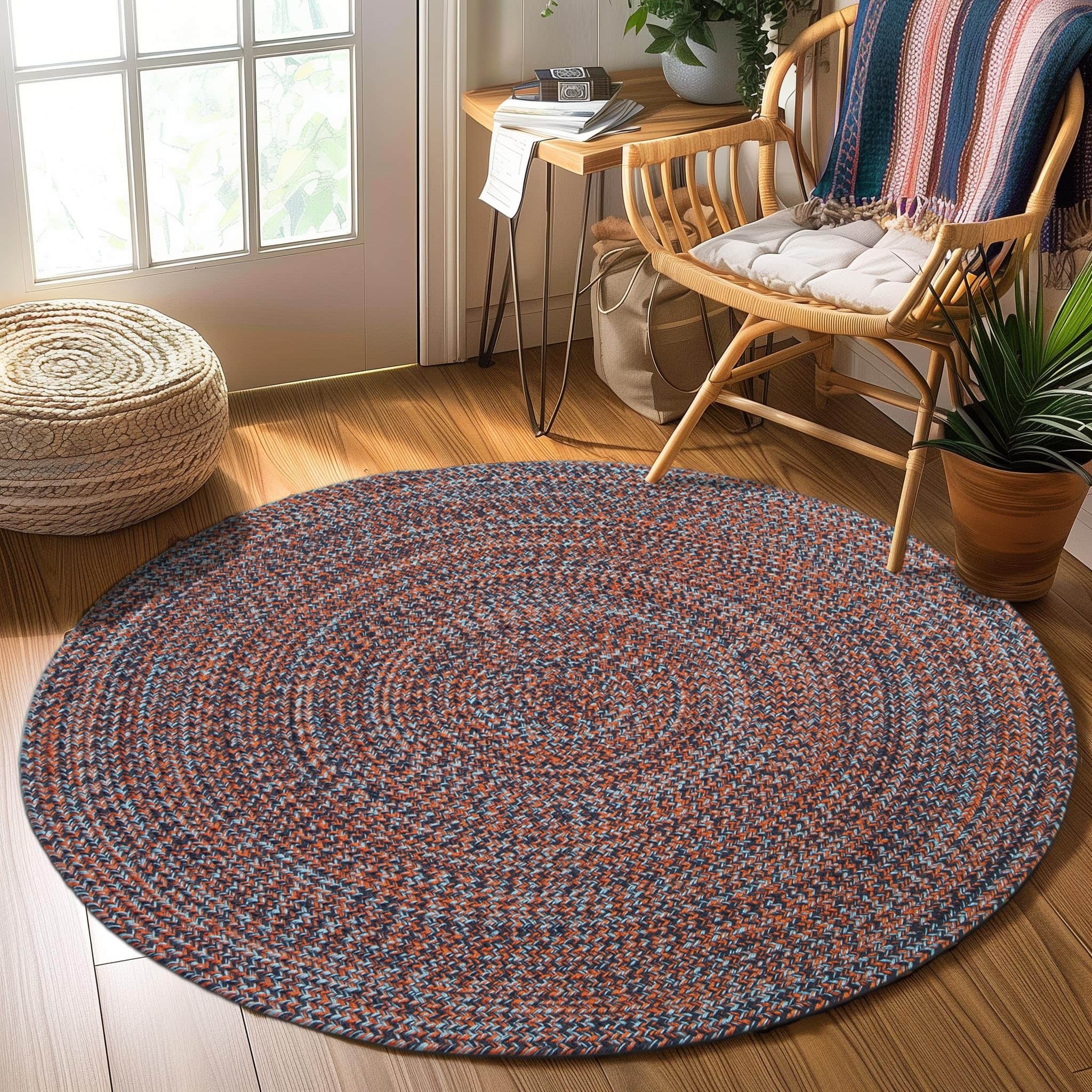 Navy, Light Blue, Red Indoour Outdoor Braided Kitchen Rug