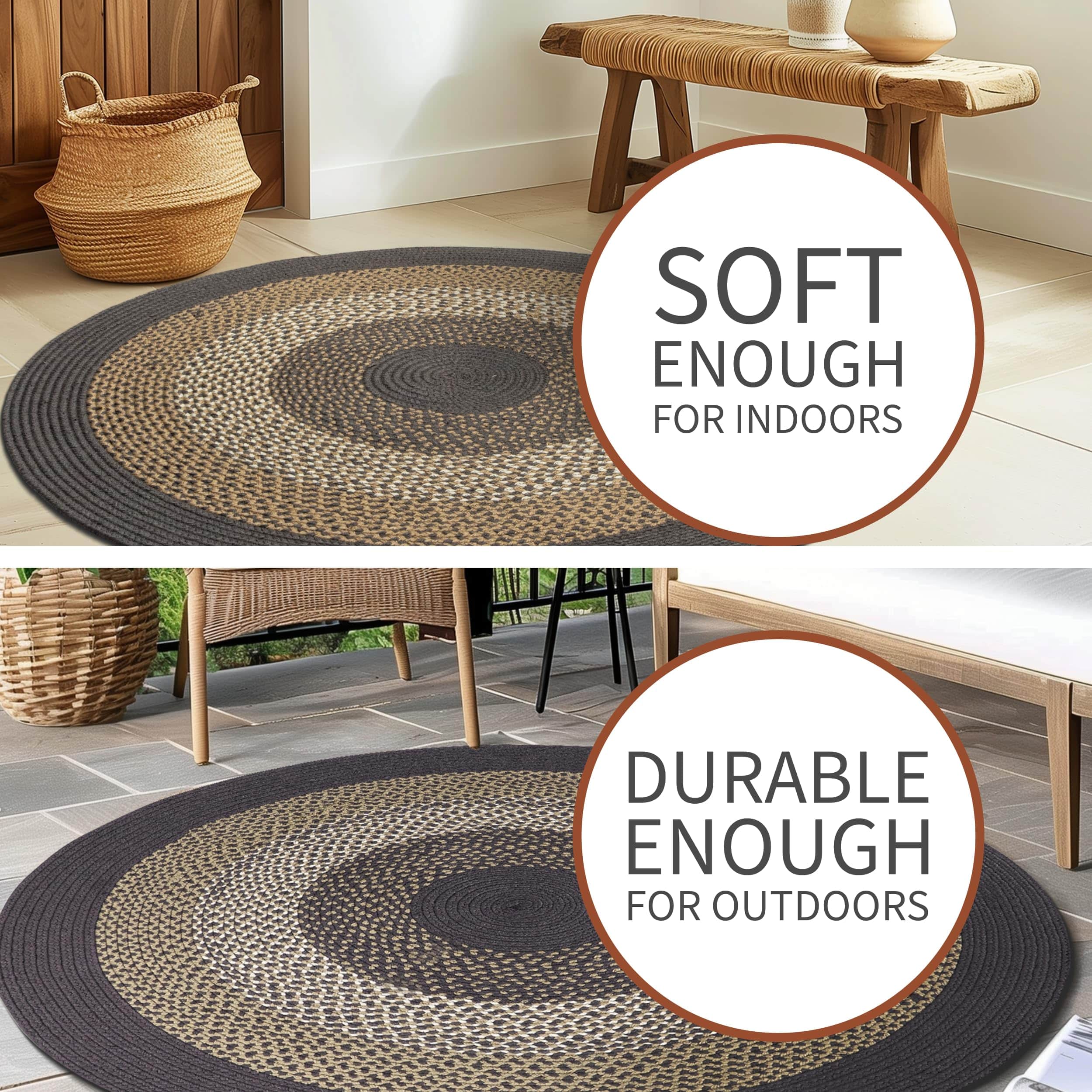 Taupe, Gray Indoor Outdoor Braided Rug for Patios, Porches and Kitchens - Bradford Collection