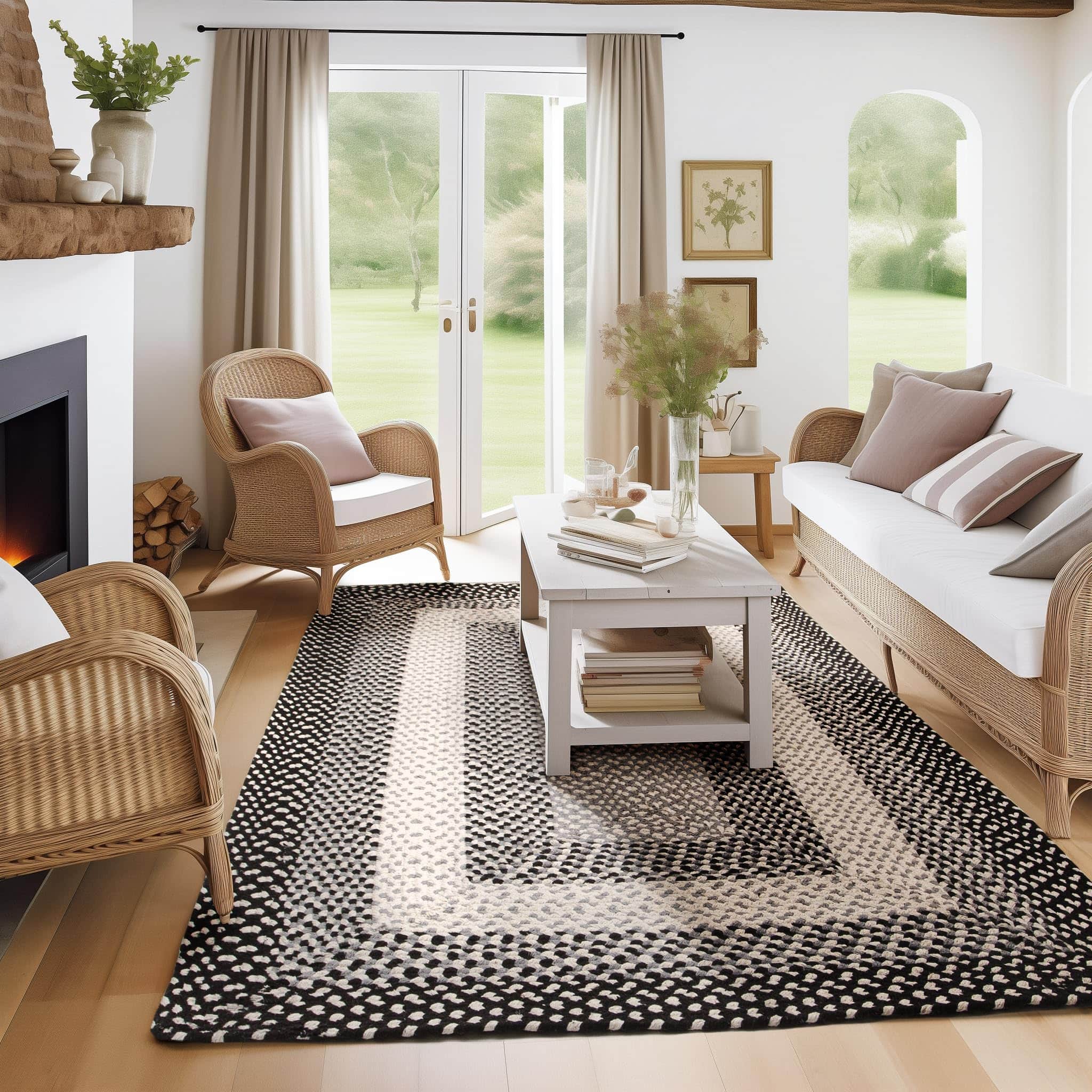 Black, Gray Braided Rug - Soft Cotton Bordered Area Rug for Rustic Farmhouses