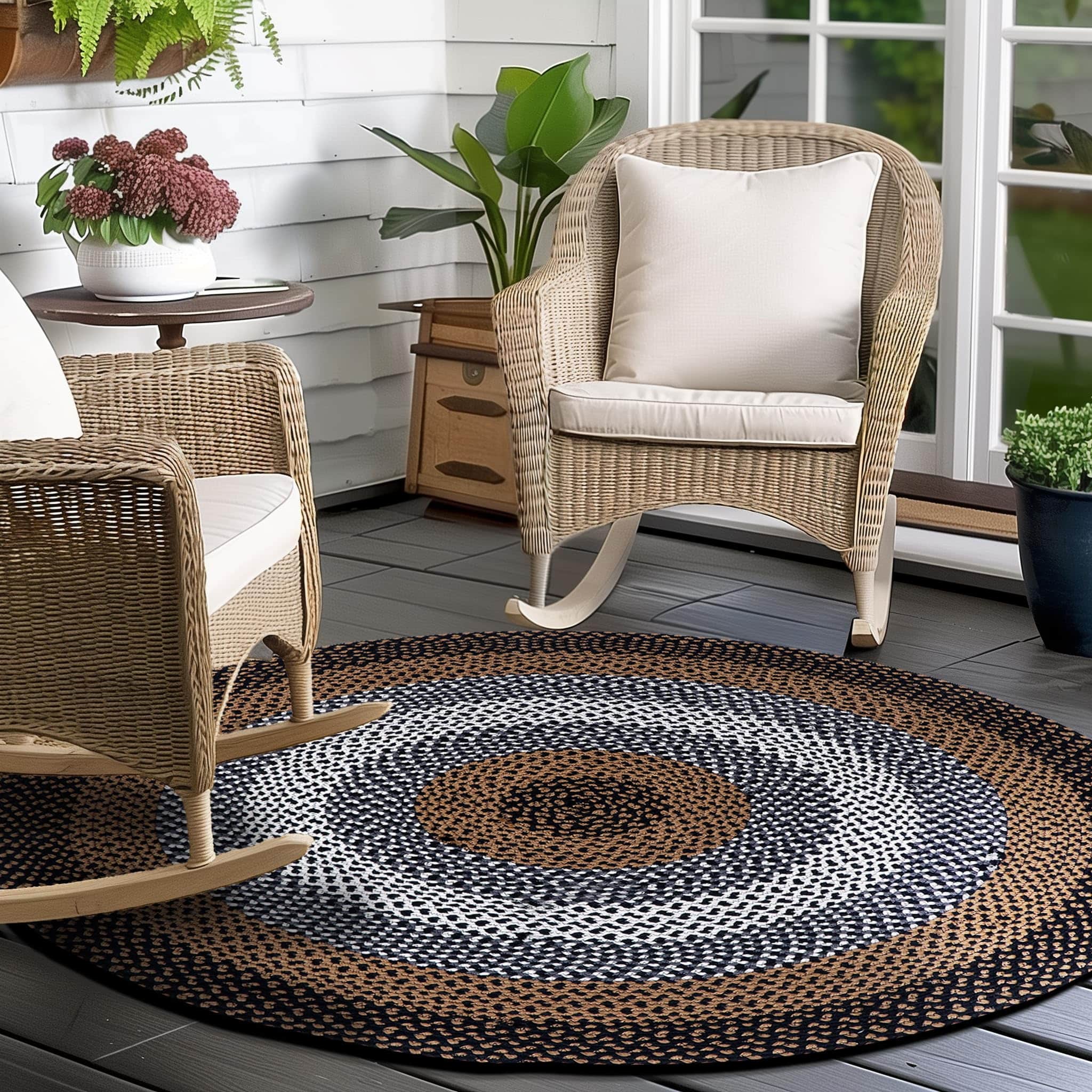 Black, Tan Indoor Outdoor Braided Rug for Patios, Porches and Kitchens - Bradford Collection