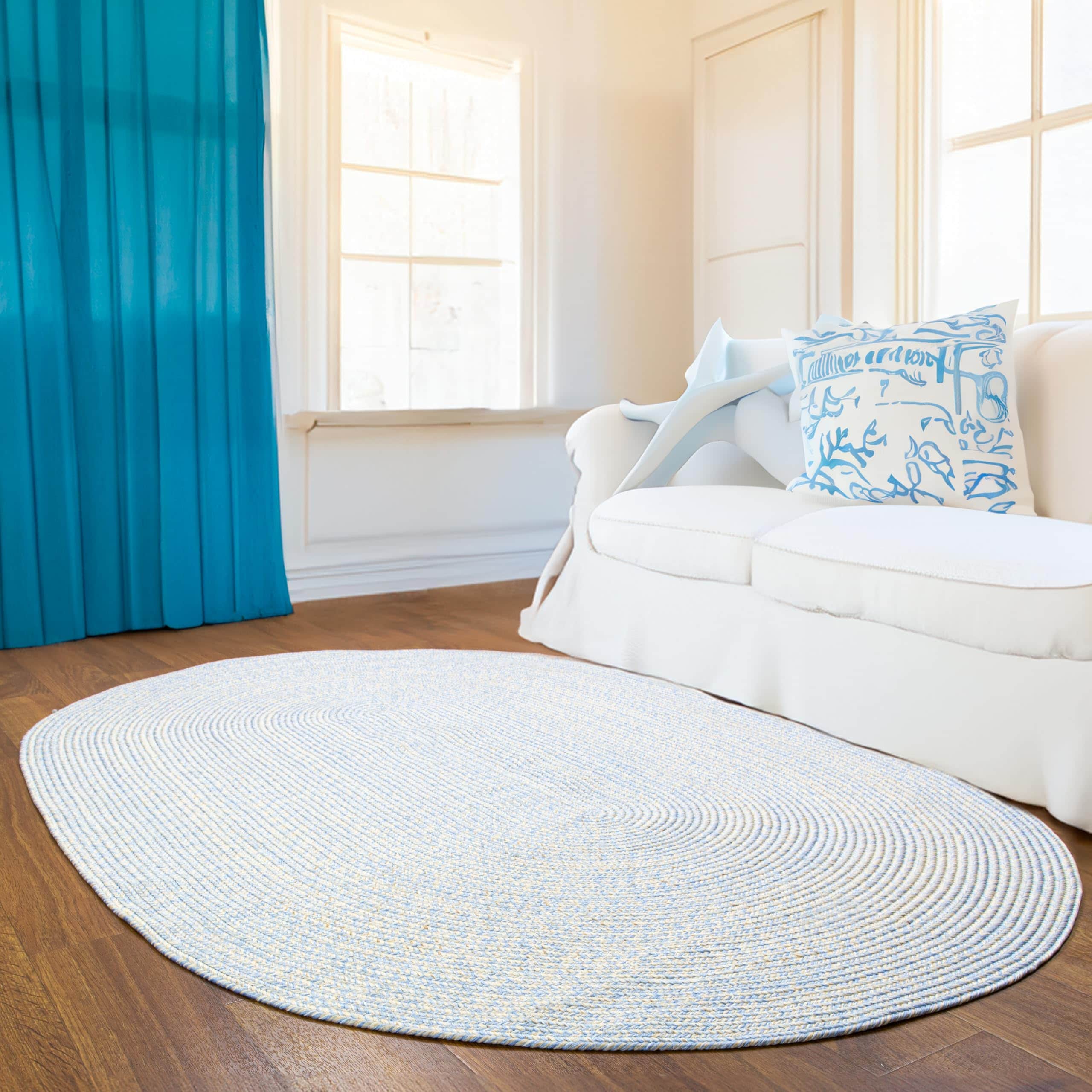 Blue, Beige Braided Rug - Reversible Solid Constrution - Indoor Outdoor & Kitchen Ready