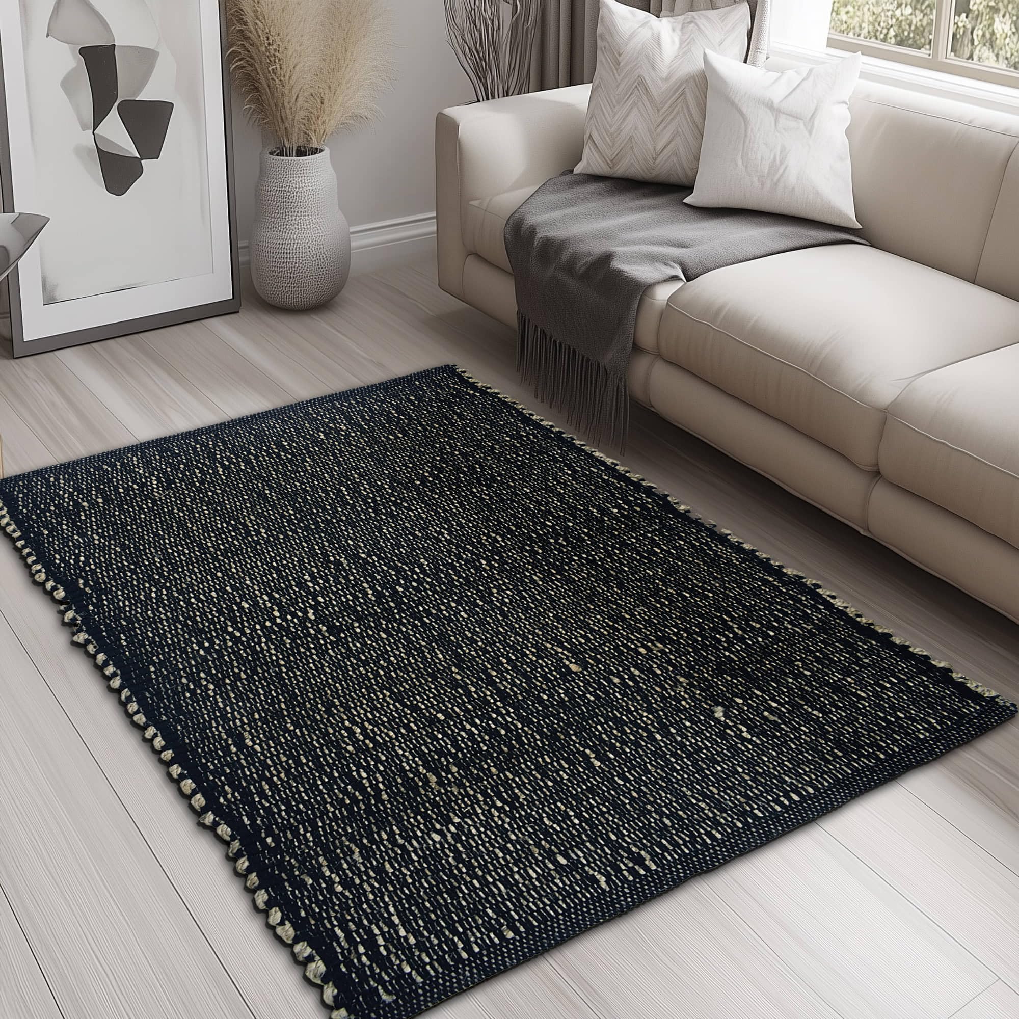 Black Jute & Cotton Woven Rug - Simple Farmhouse Reversible Rug