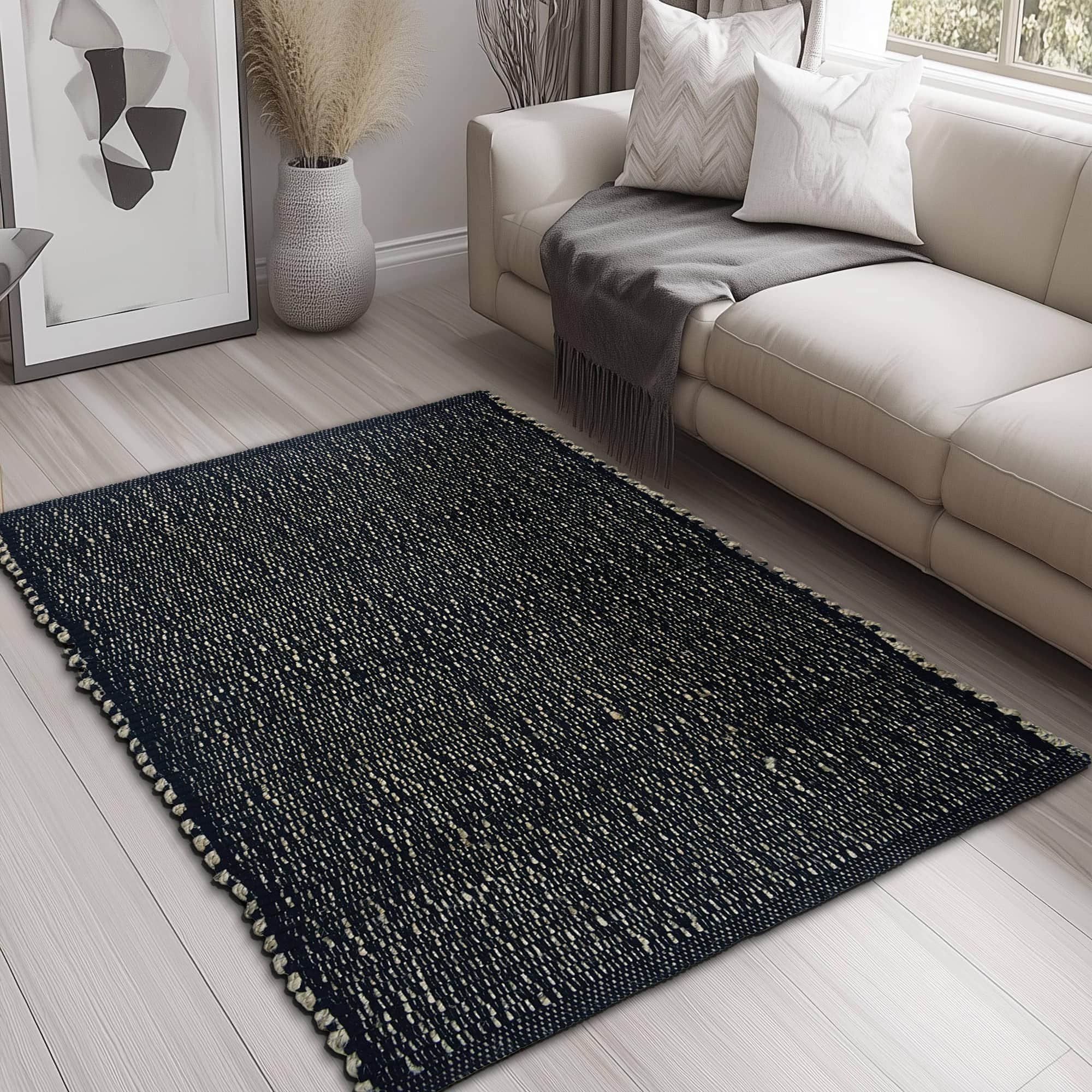 Black Jute & Cotton Woven Rug - Simple Farmhouse Reversible Rug
