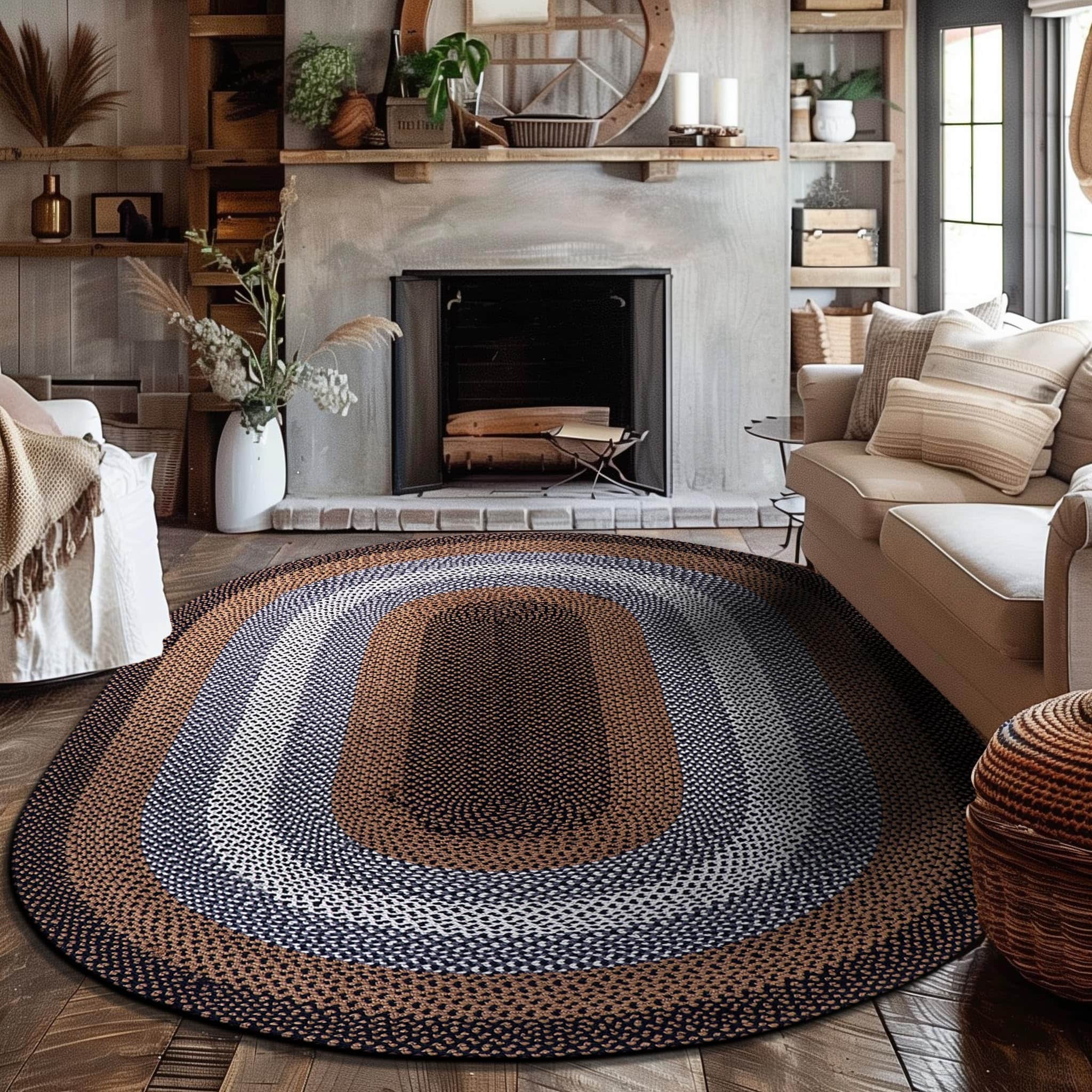 Black, Tan Indoor Outdoor Braided Rug for Patios, Porches and Kitchens - Bradford Collection