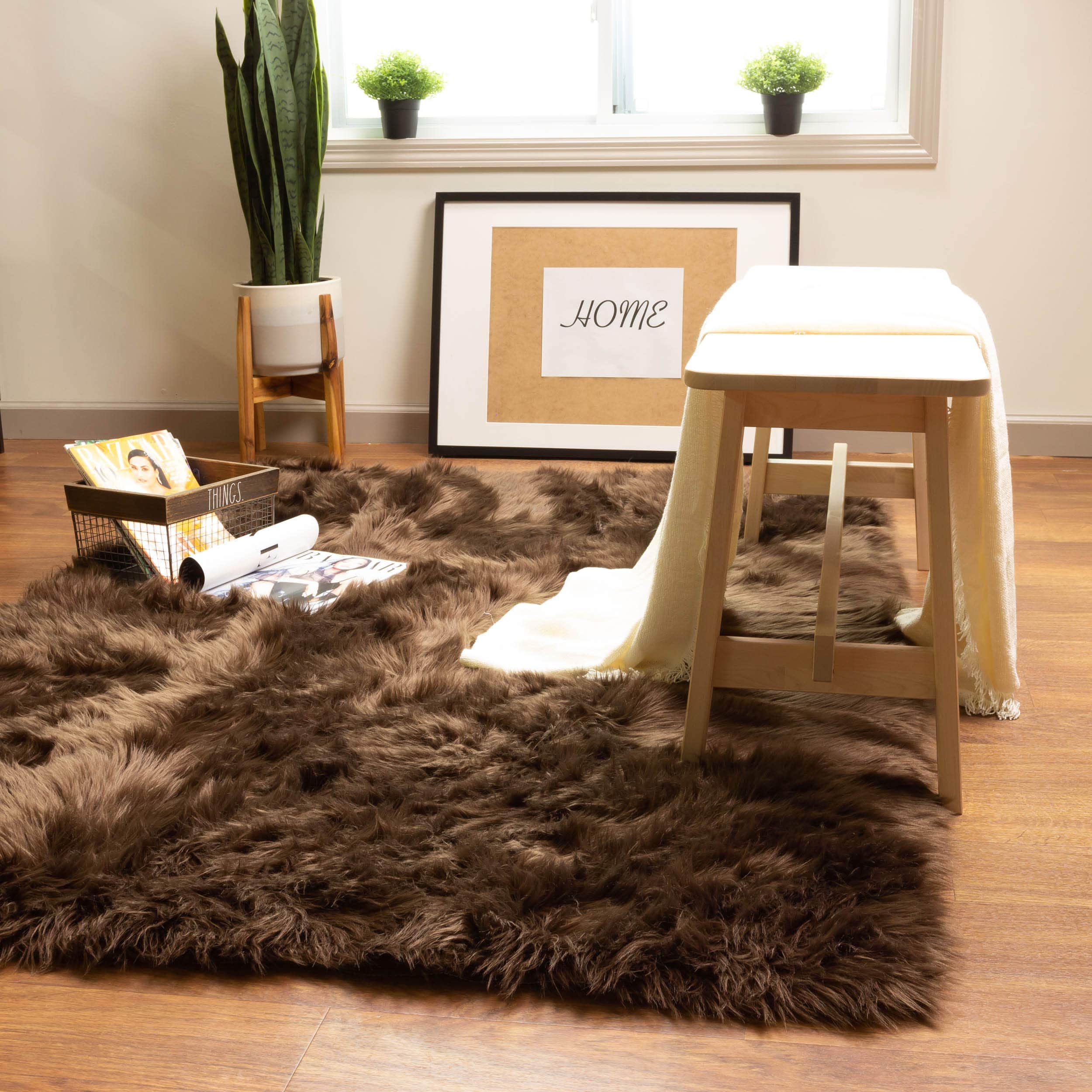 Dark Brown Serene Faux Fur Solid Fake Sheepskin Rug
