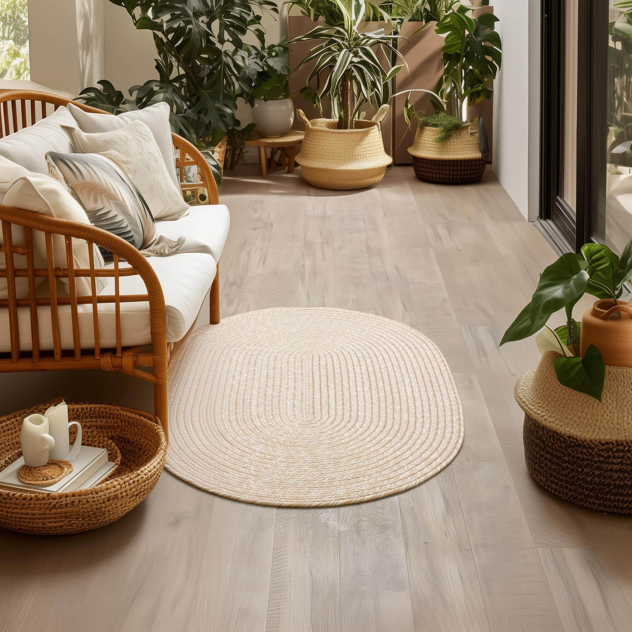 Beige, Brown Braided Rug - Reversible Solid Constrution - Indoor Outdoor & Kitchen Ready