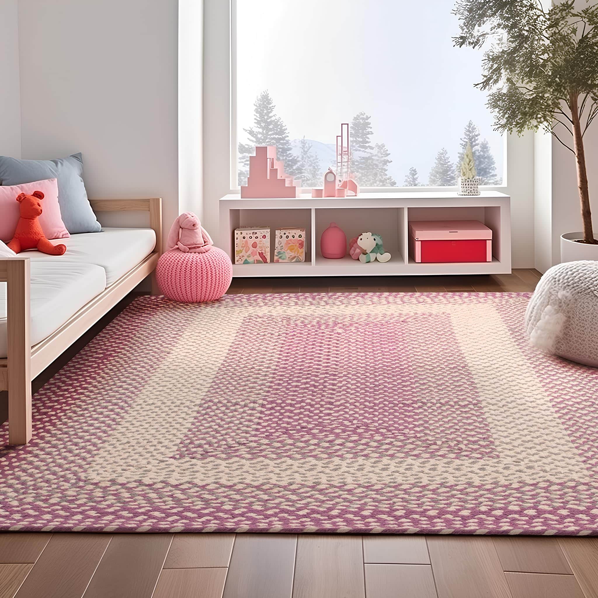 Purple, Gray Braided Rug - Soft Cotton Bordered Area Rug for Kids Rooms & Nursery