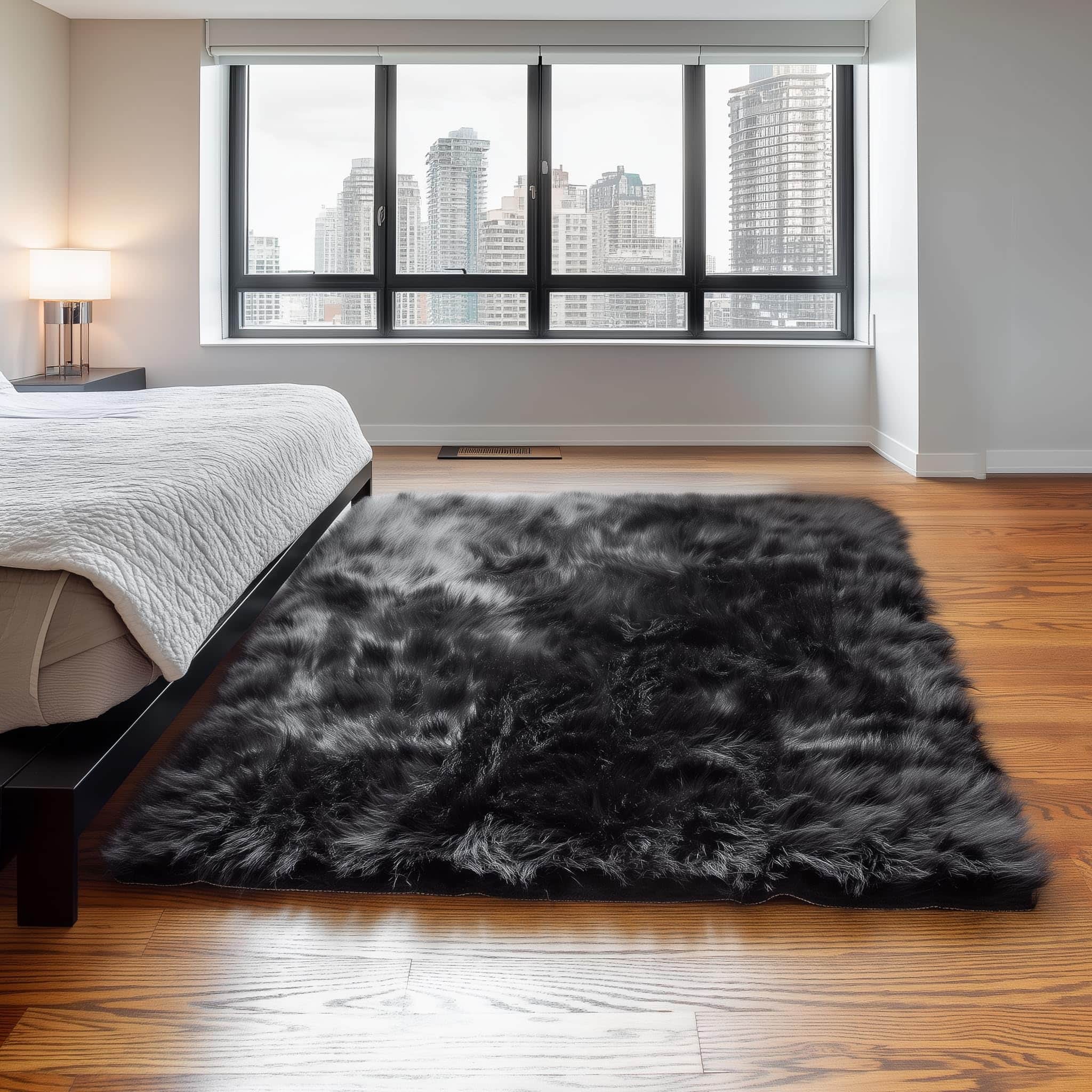 Black Serene Faux Fur Solid Fake Sheepskin Rug