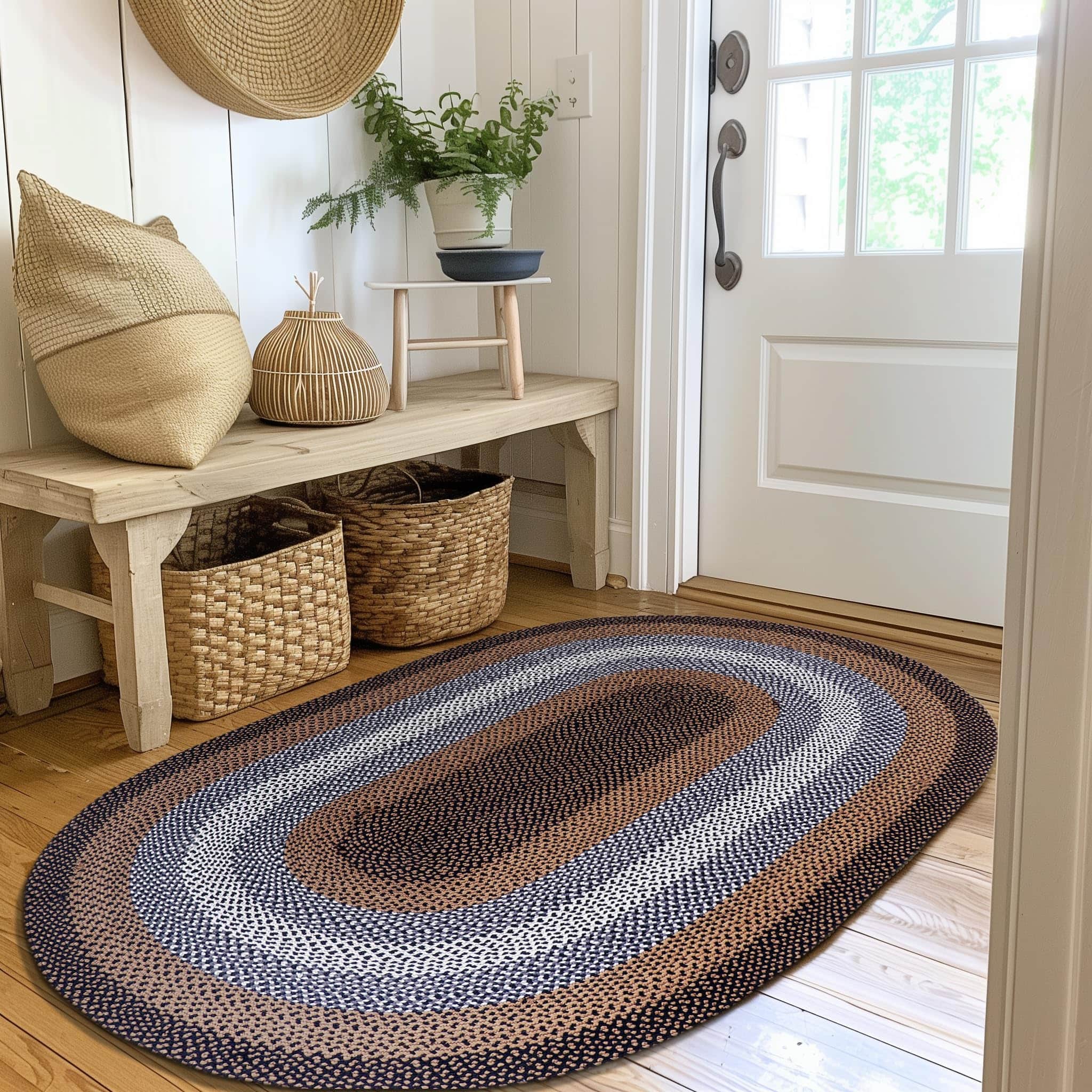 Black, Tan Indoor Outdoor Braided Rug for Patios, Porches and Kitchens - Bradford Collection