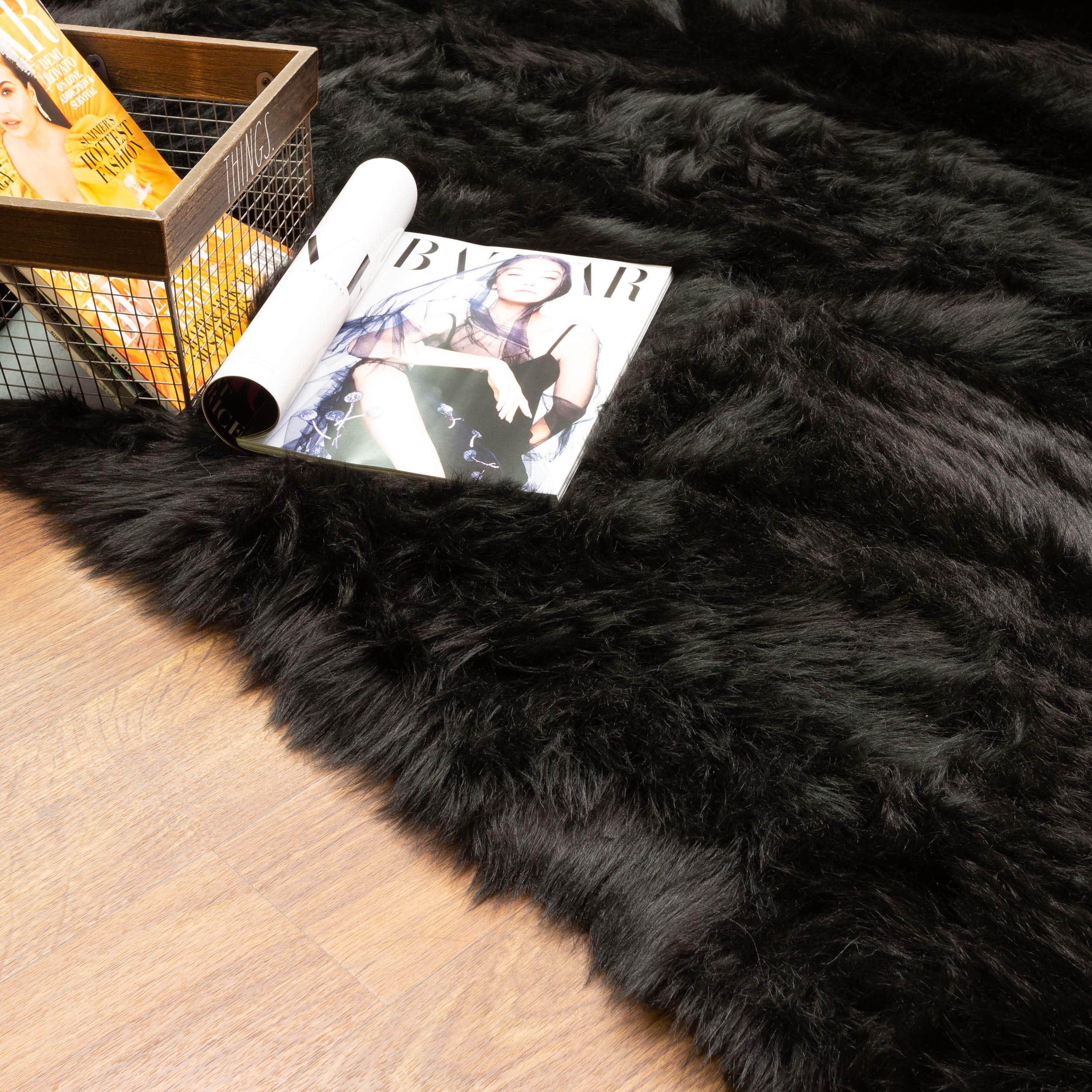 Black Serene Faux Fur Solid Fake Sheepskin Rug