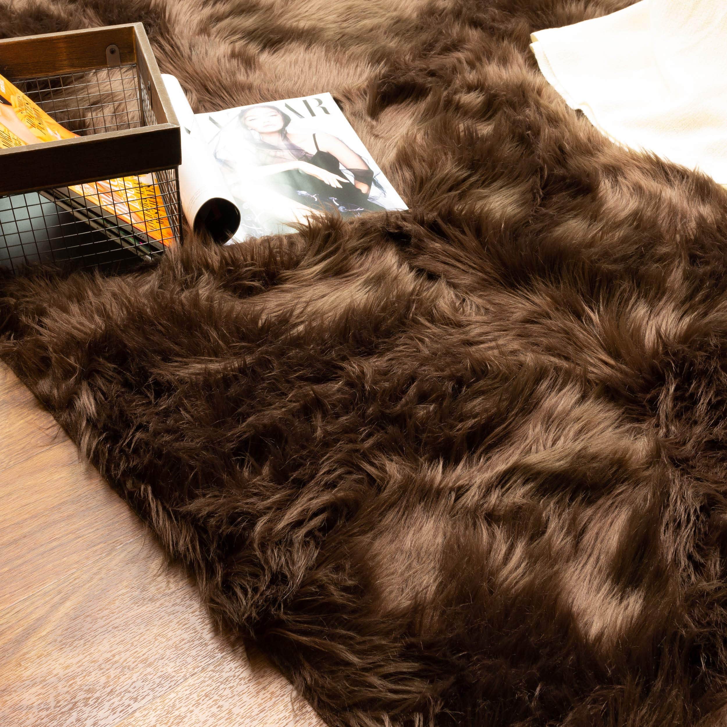 Dark Brown Serene Faux Fur Solid Fake Sheepskin Rug