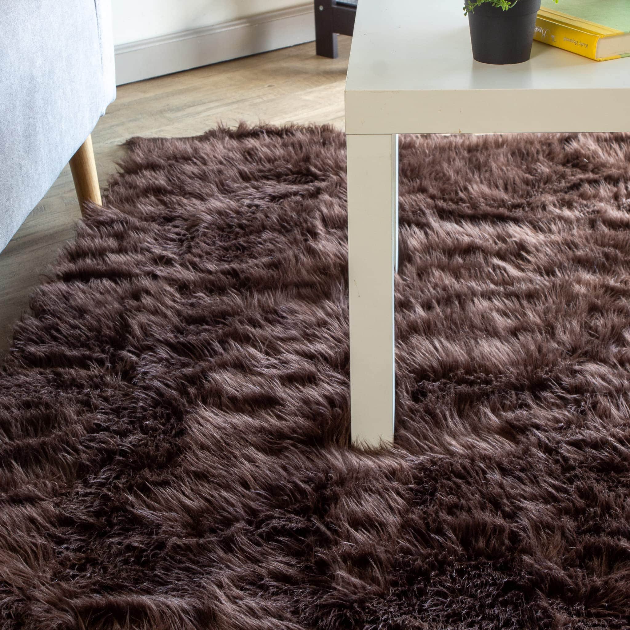 Dark Brown Serene Faux Fur Solid Fake Sheepskin Rug