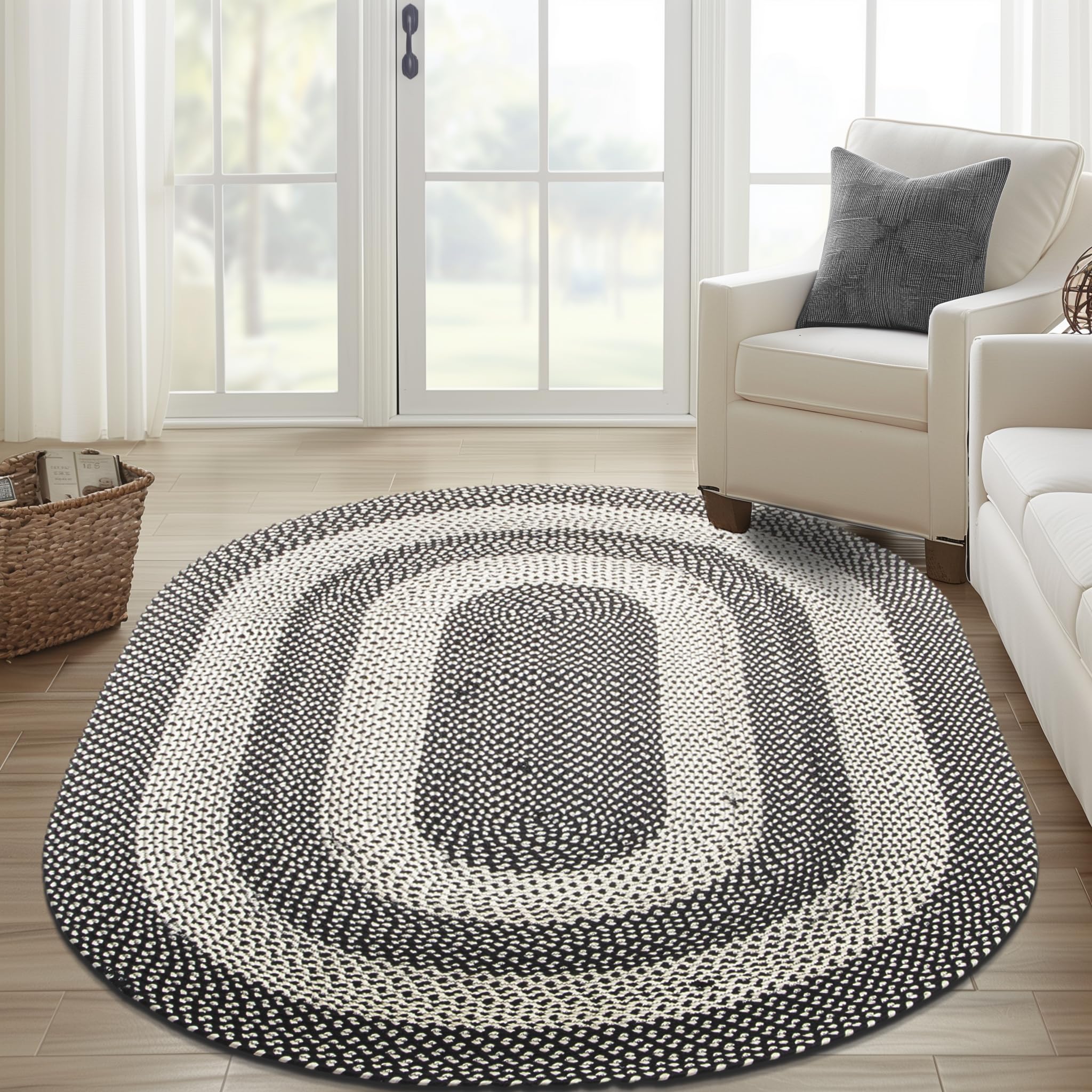 Black, White Indoor Outdoor Braided Rug for Patios, Porches and Kitchens - Bradford Collection