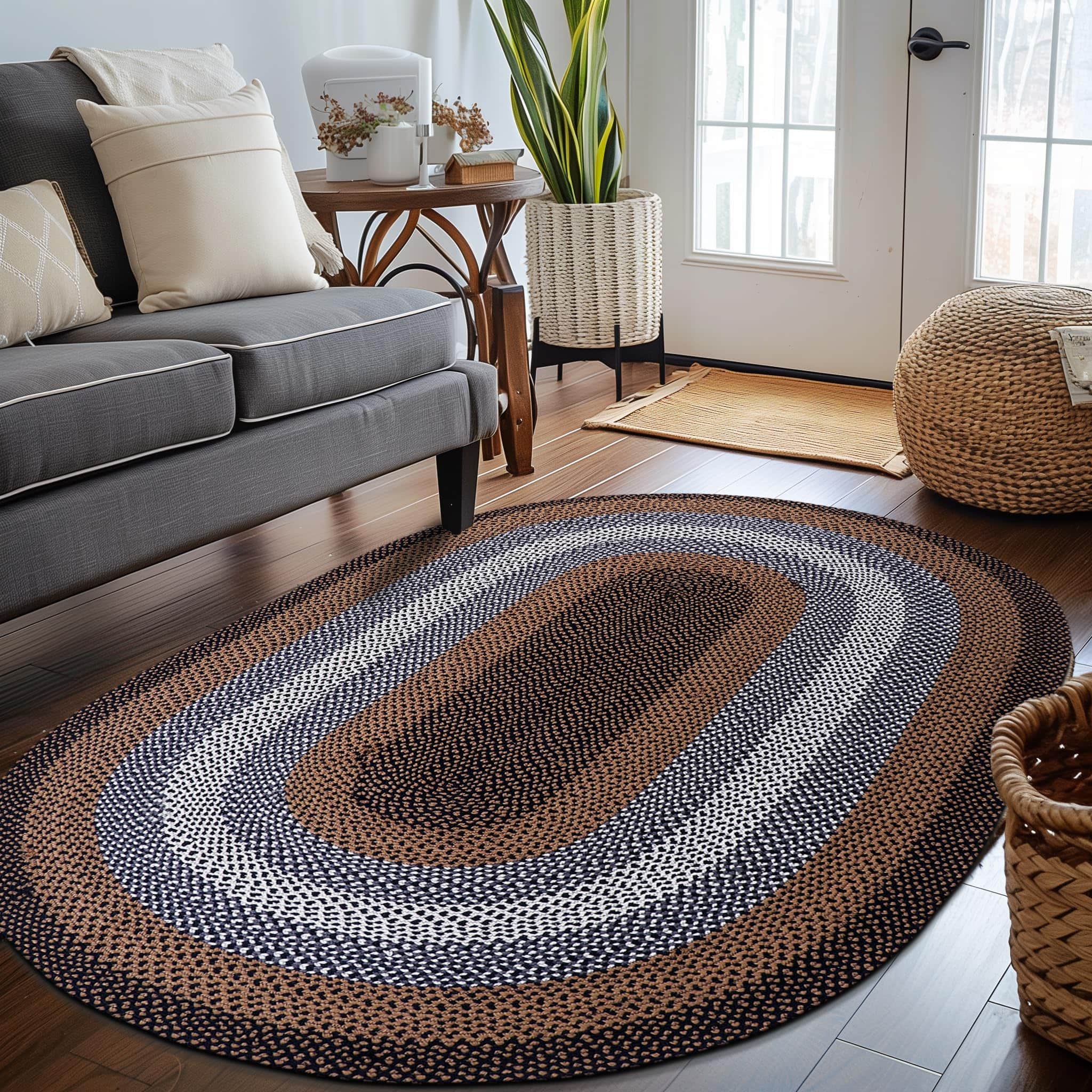 Black, Tan Indoor Outdoor Braided Rug for Patios, Porches and Kitchens - Bradford Collection