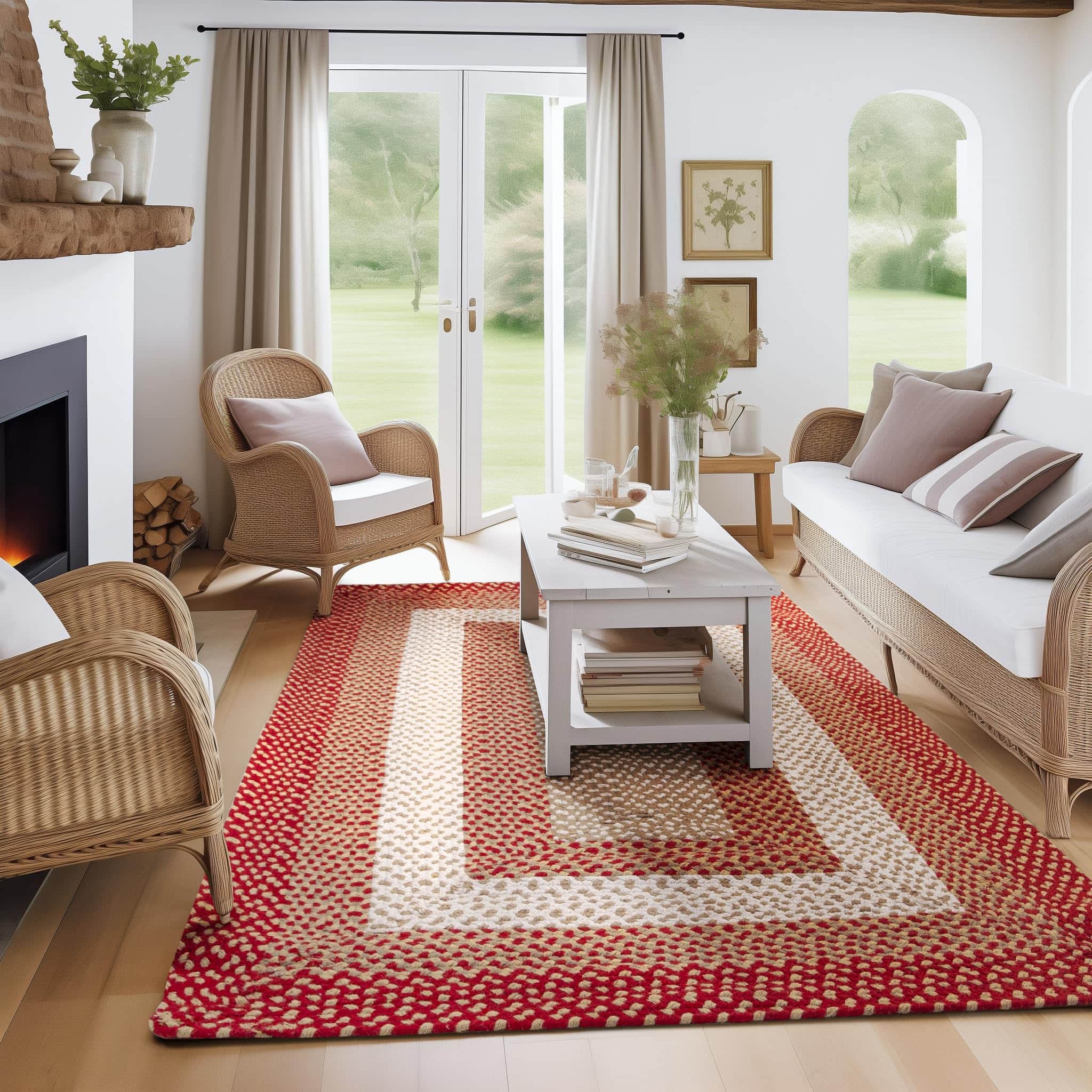 Red, Cream Braided Rug - Soft Cotton Bordered Area Rug for Rustic Farmhouses
