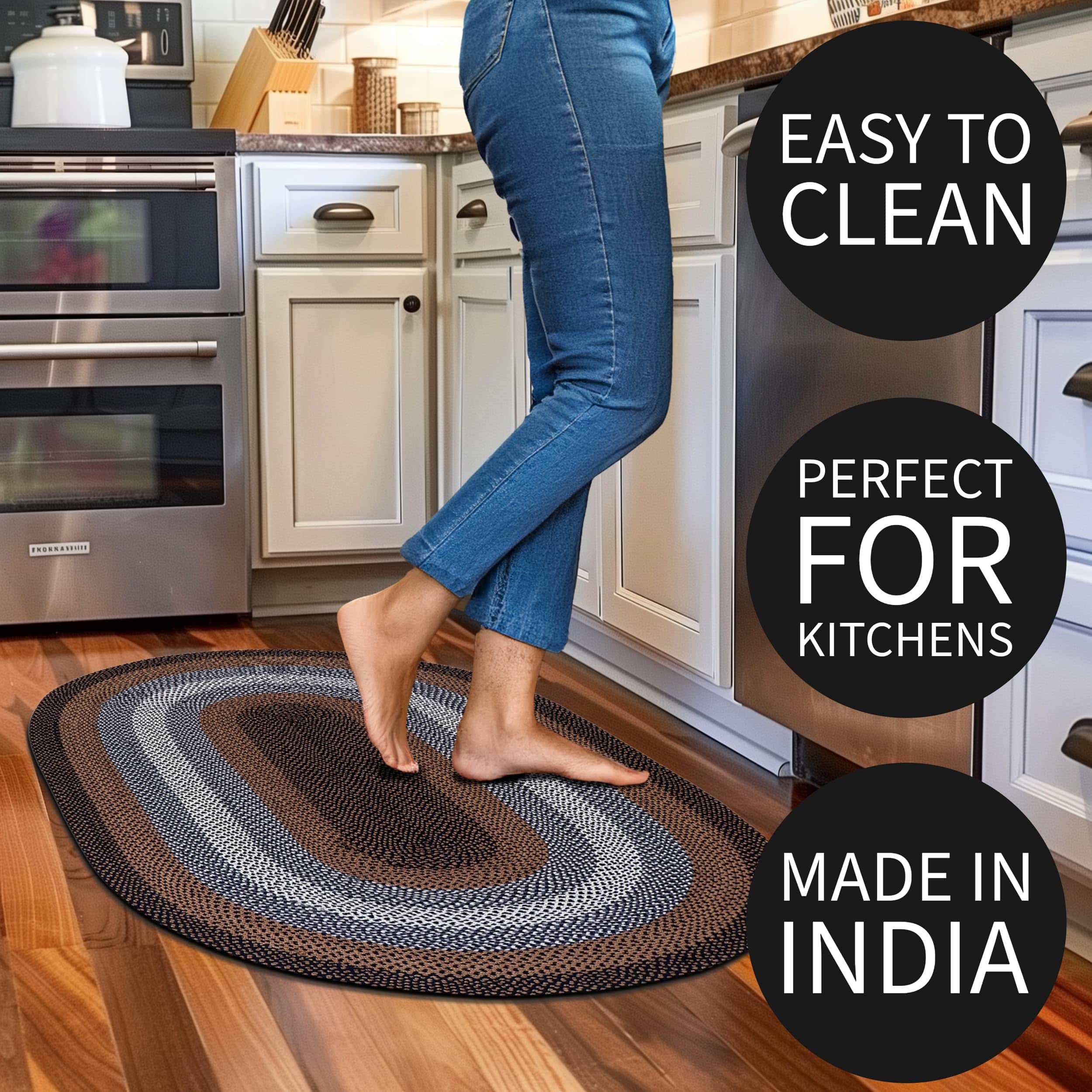 Black, Tan Indoor Outdoor Braided Rug for Patios, Porches and Kitchens - Bradford Collection