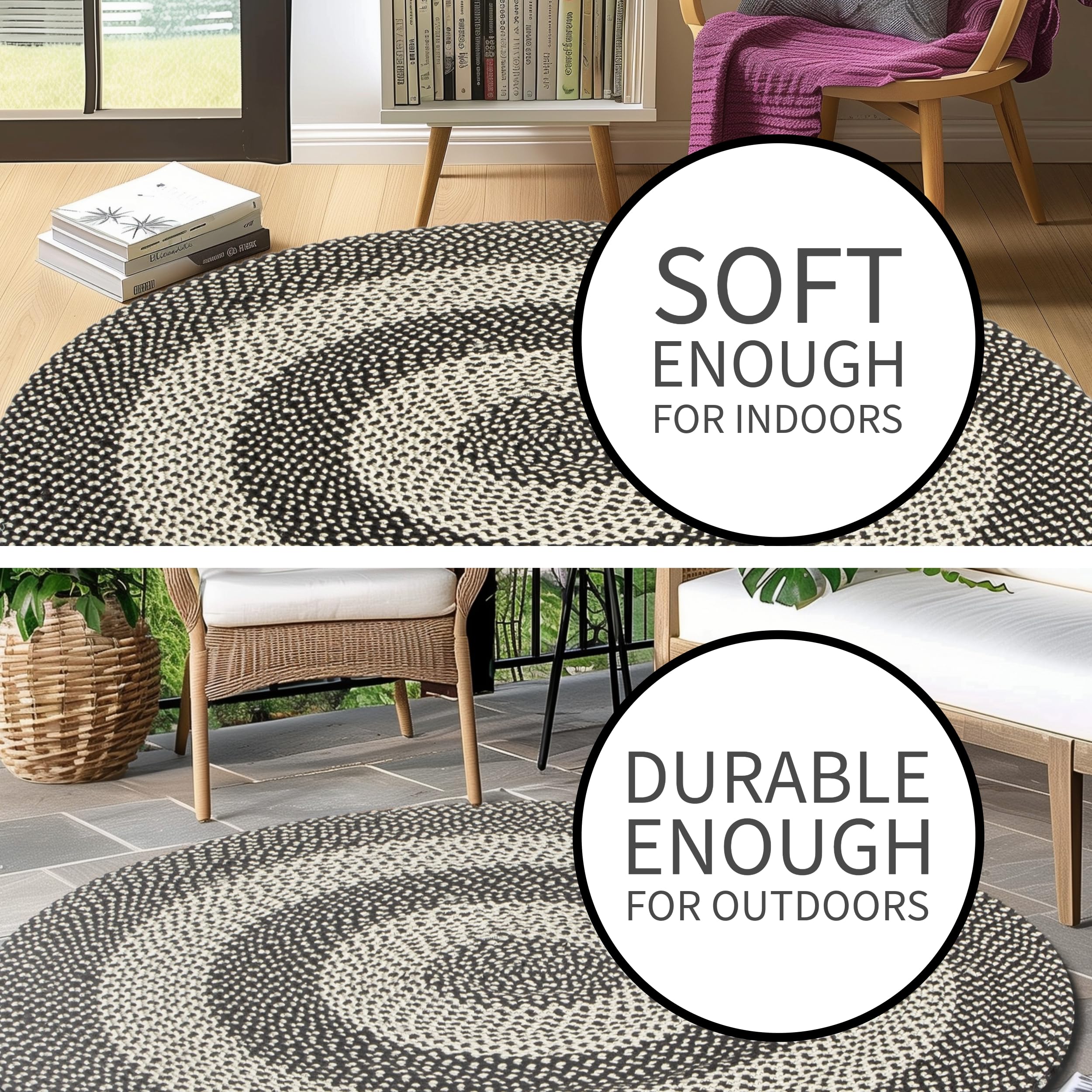 Black, White Indoor Outdoor Braided Rug for Patios, Porches and Kitchens - Bradford Collection