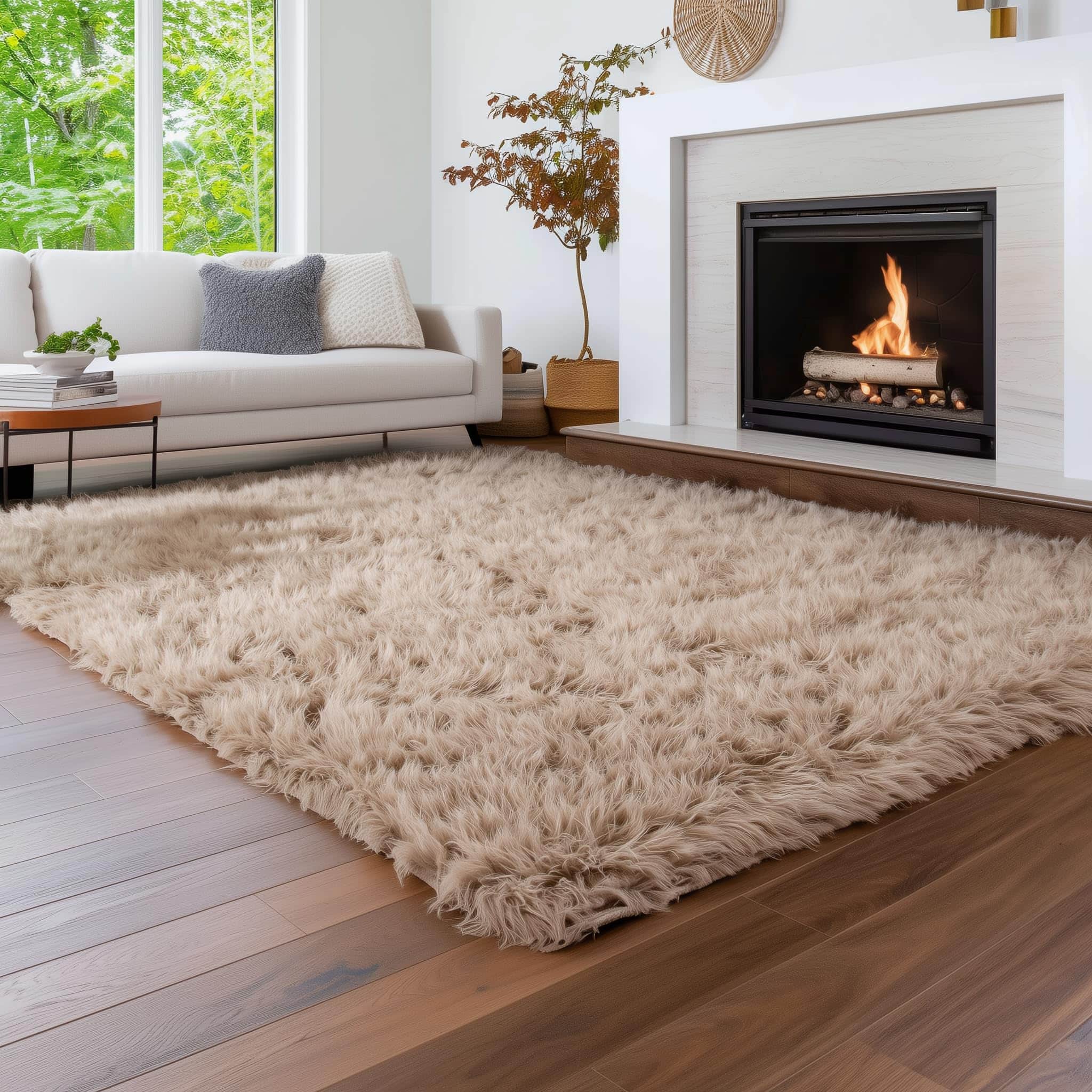 Light Brown Serene Faux Fur Solid Fake Sheepskin Rug
