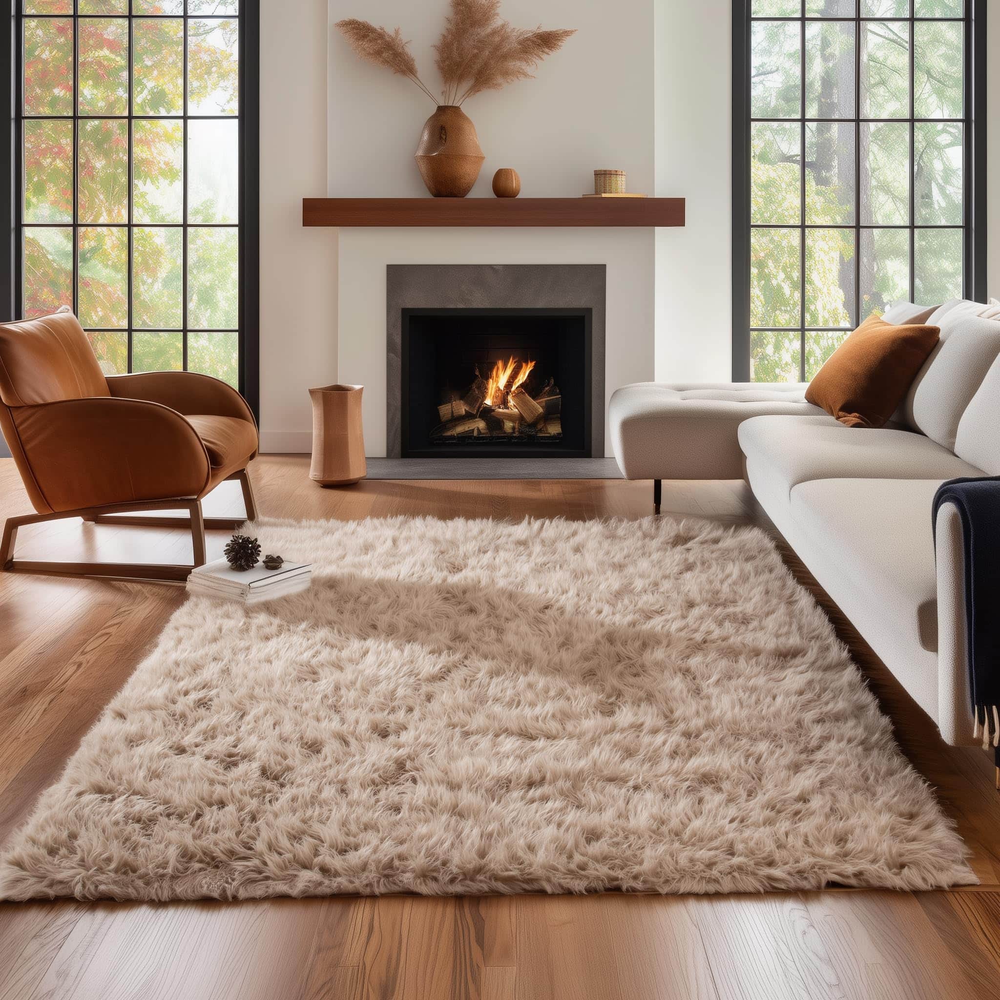 Light Brown Serene Faux Fur Solid Fake Sheepskin Rug