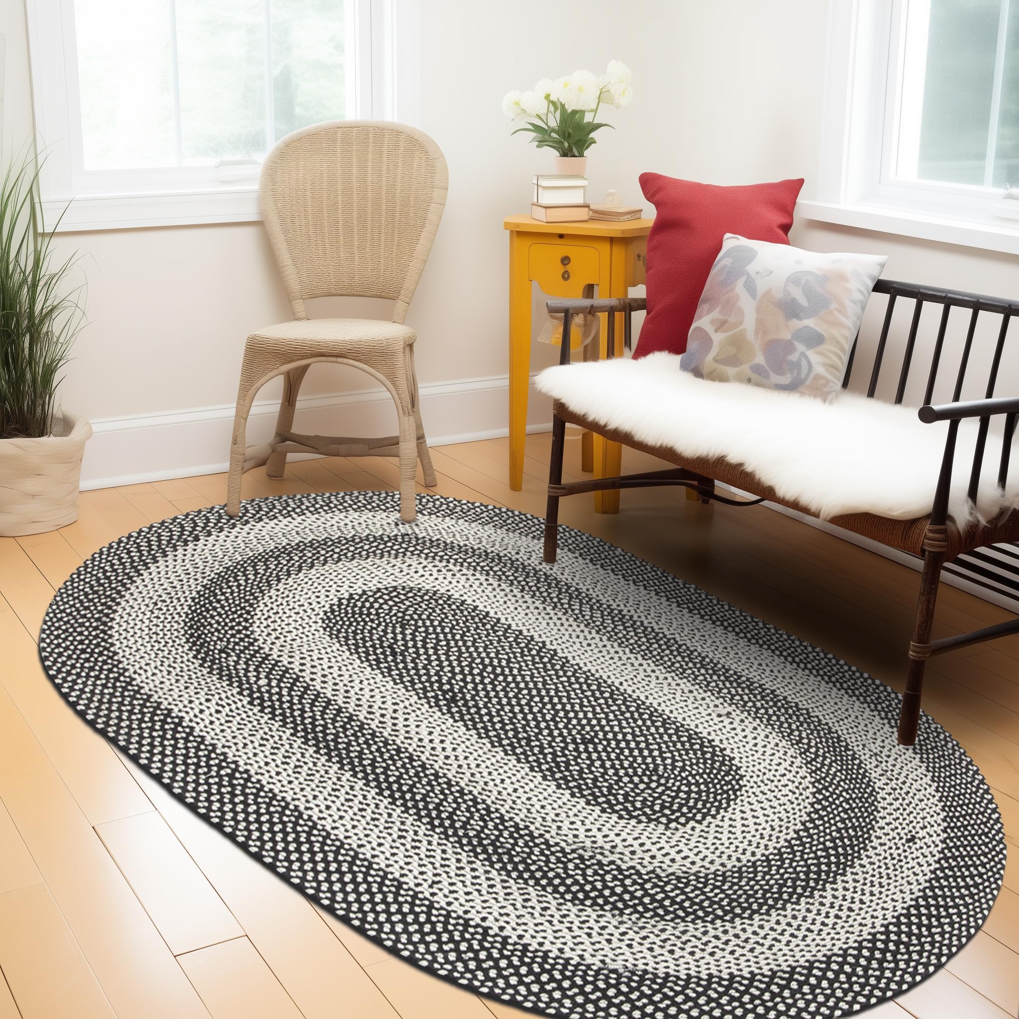 Black, White Indoor Outdoor Braided Rug for Patios, Porches and Kitchens - Bradford Collection