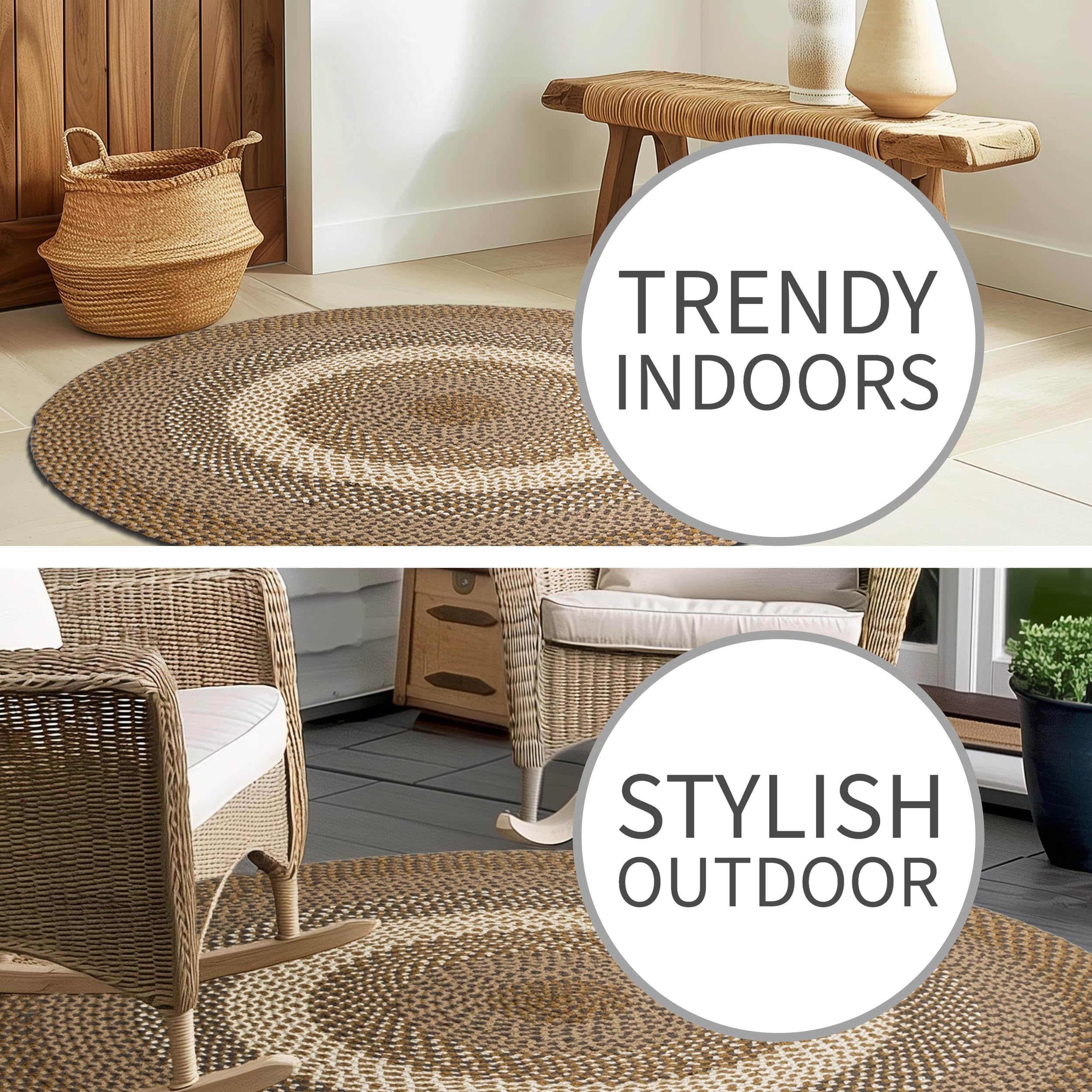 Brown, Gray Indoor Outdoor Braided Rug for Patios, Porches and Kitchens - Bradford Collection