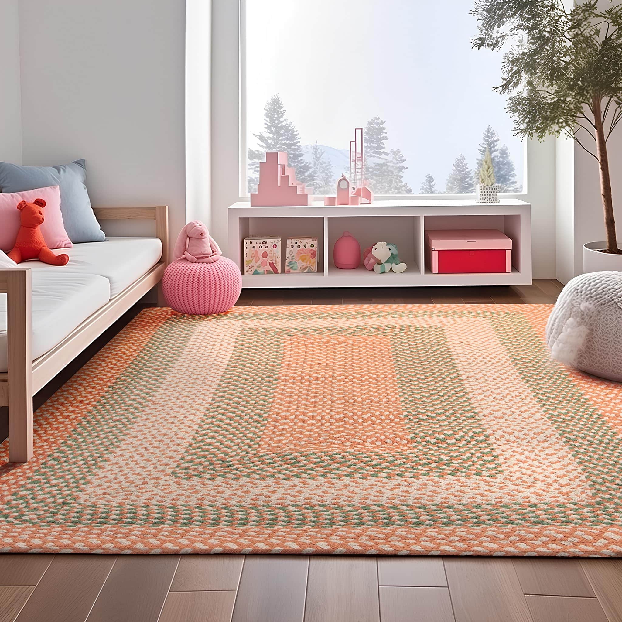 Coral, Green Braided Rug - Soft Cotton Bordered Area Rug for Kids Rooms & Nursery
