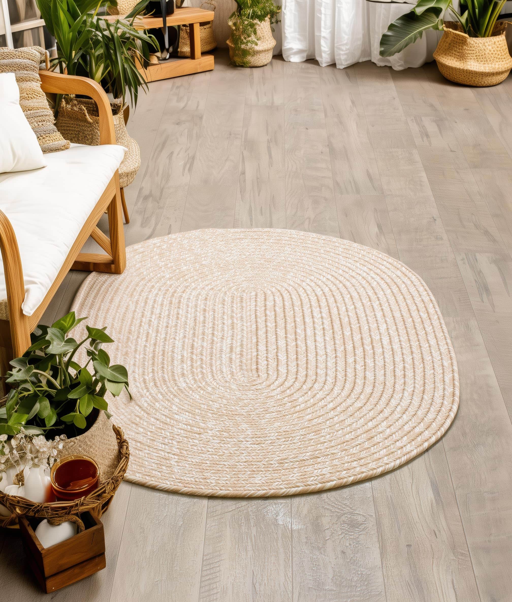 Beige, Brown Braided Rug - Reversible Solid Constrution - Indoor Outdoor & Kitchen Ready