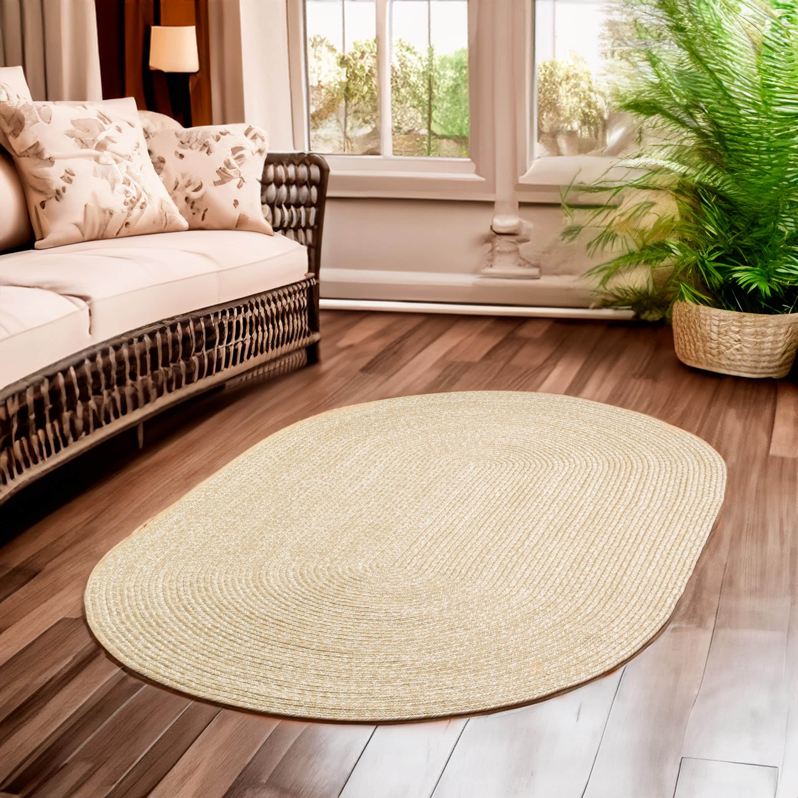 Beige, Brown Braided Rug - Reversible Solid Constrution - Indoor Outdoor & Kitchen Ready