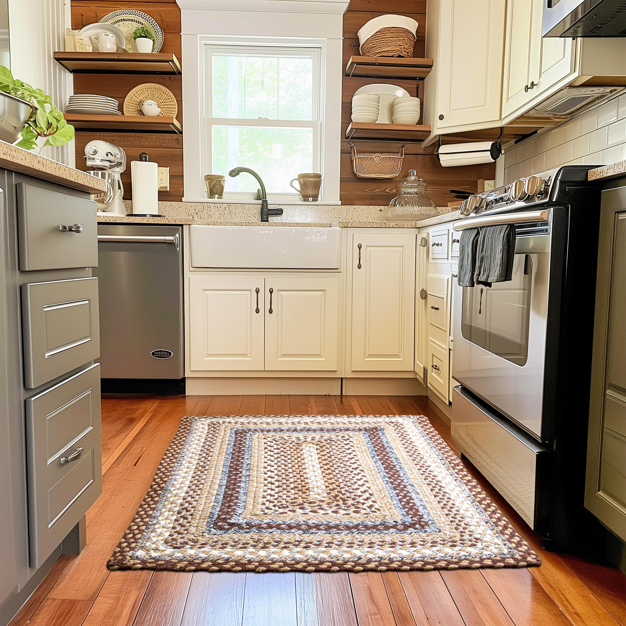 Brown, Slate Braided Rug - Soft Cotton Bordered Area Rug for Rustic Farmhouses
