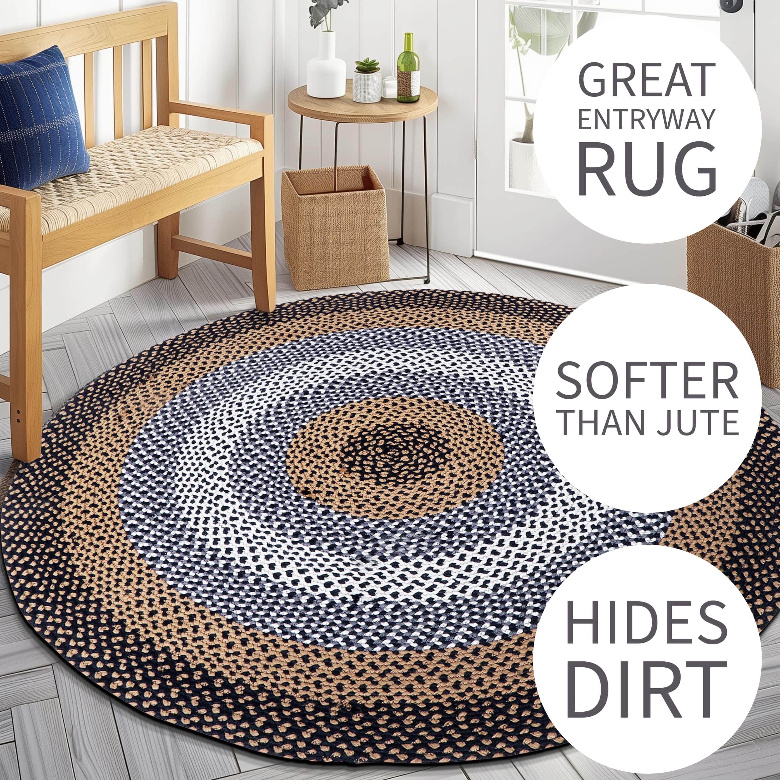 Black, Tan Indoor Outdoor Braided Rug for Patios, Porches and Kitchens - Bradford Collection