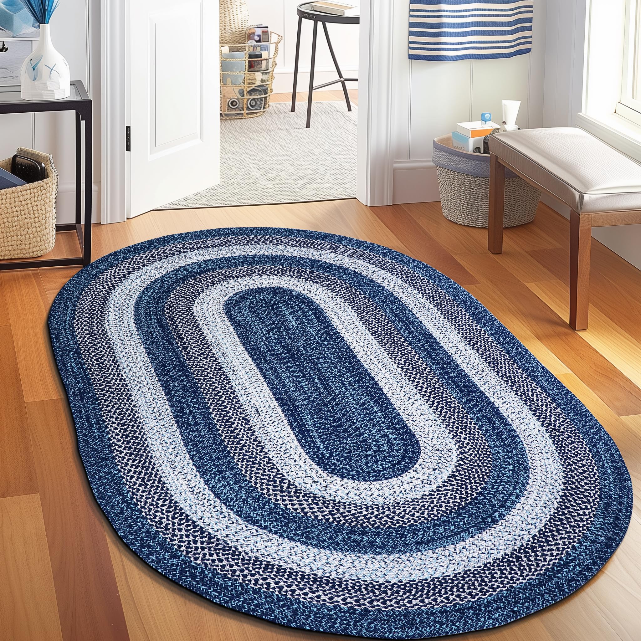 Teal, Black Indoor Outdoor Braided Rug for Patios, Porches and Kitchens - Bradford Collection