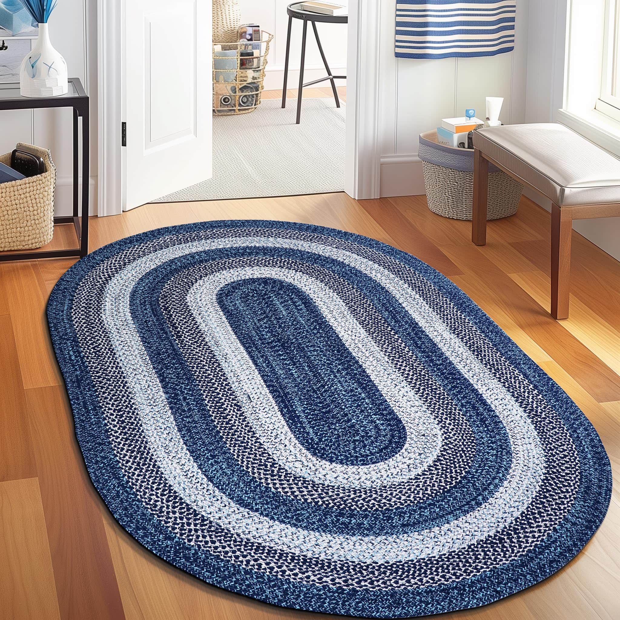 Teal, Black Indoor Outdoor Braided Rug for Patios, Porches and Kitchens - Bradford Collection