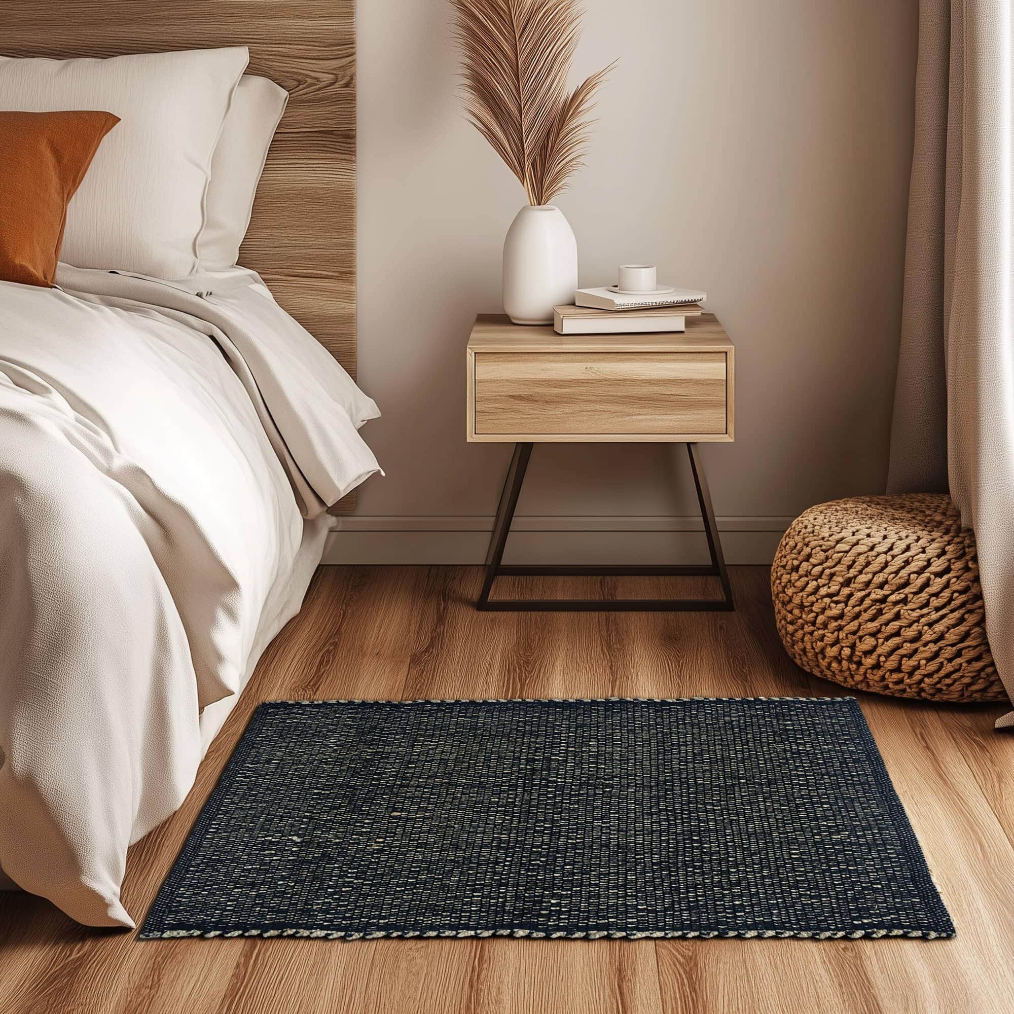 Black Jute & Cotton Woven Rug - Simple Farmhouse Reversible Rug