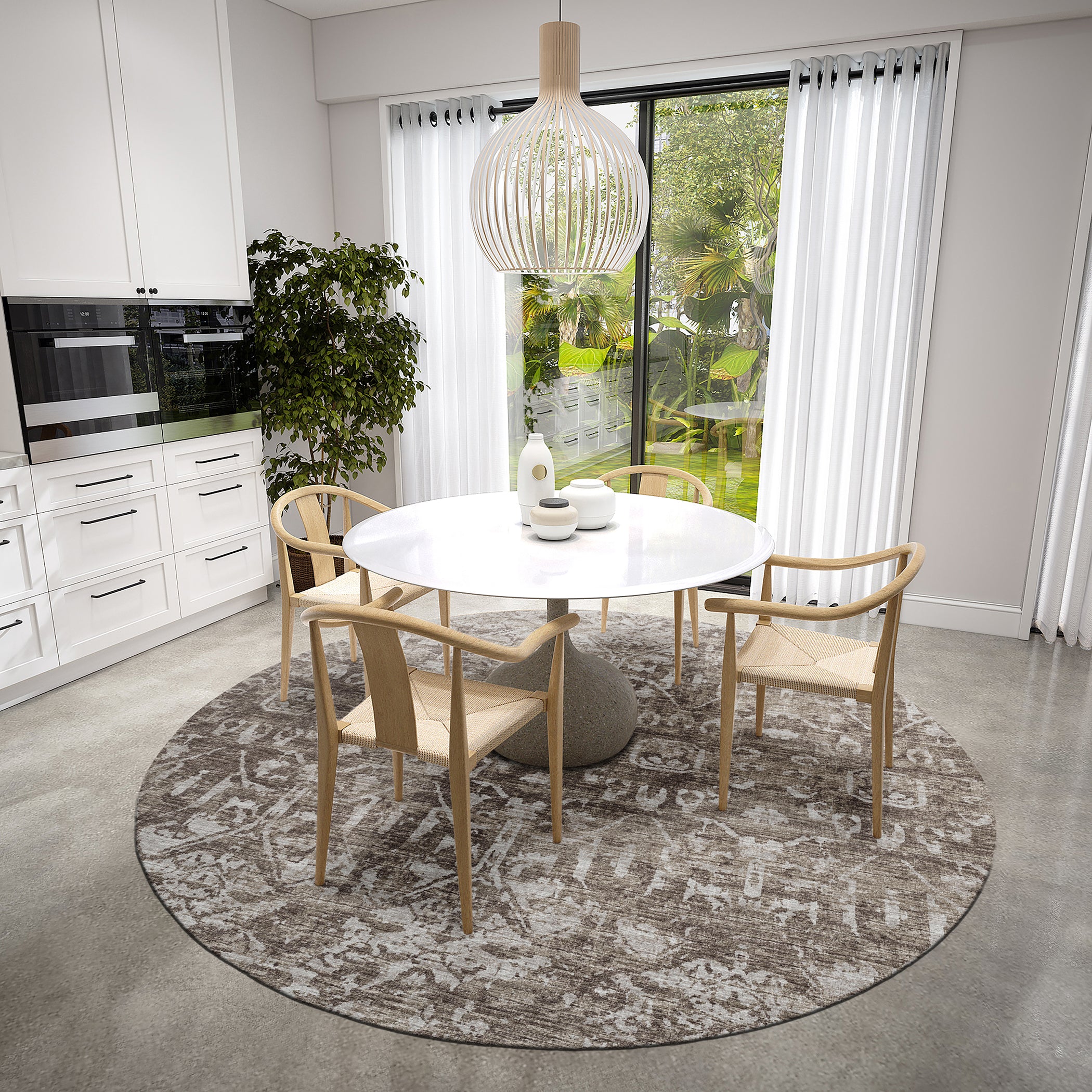 Luxury Machine Washable Indoor/Outdoor Traditional AB1 Fudge Brown Rug 8' x 8' #shape_Round